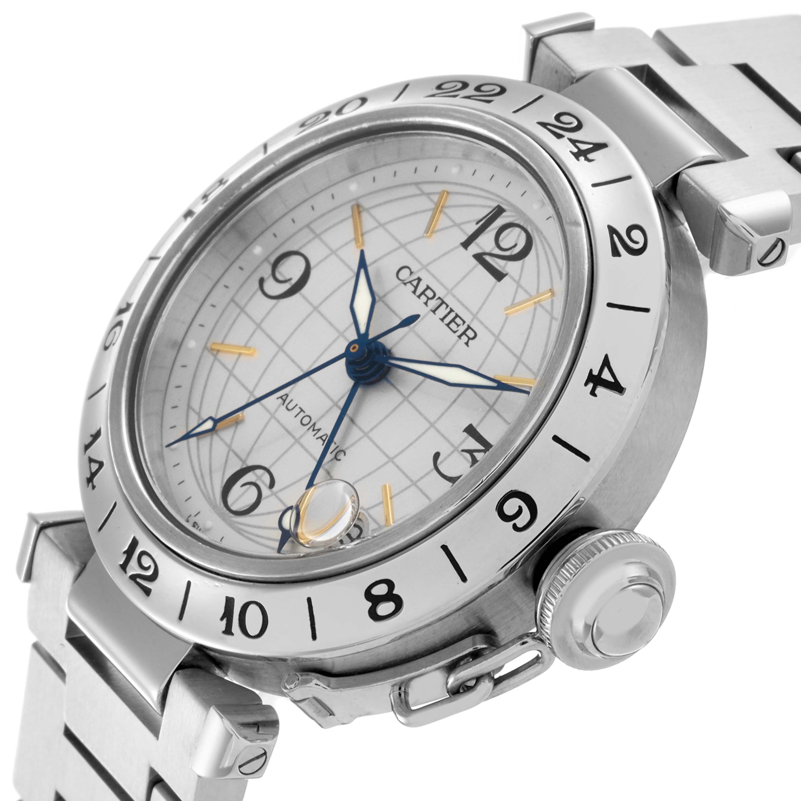 The Cartier Pasha W31078M7 Men's Stainless Steel Silver Dial W31078M7 Men's Stainless Steel Silver Dial watch is shown at an angle highlighting the dial, bezel, crown, and part of the bracelet.