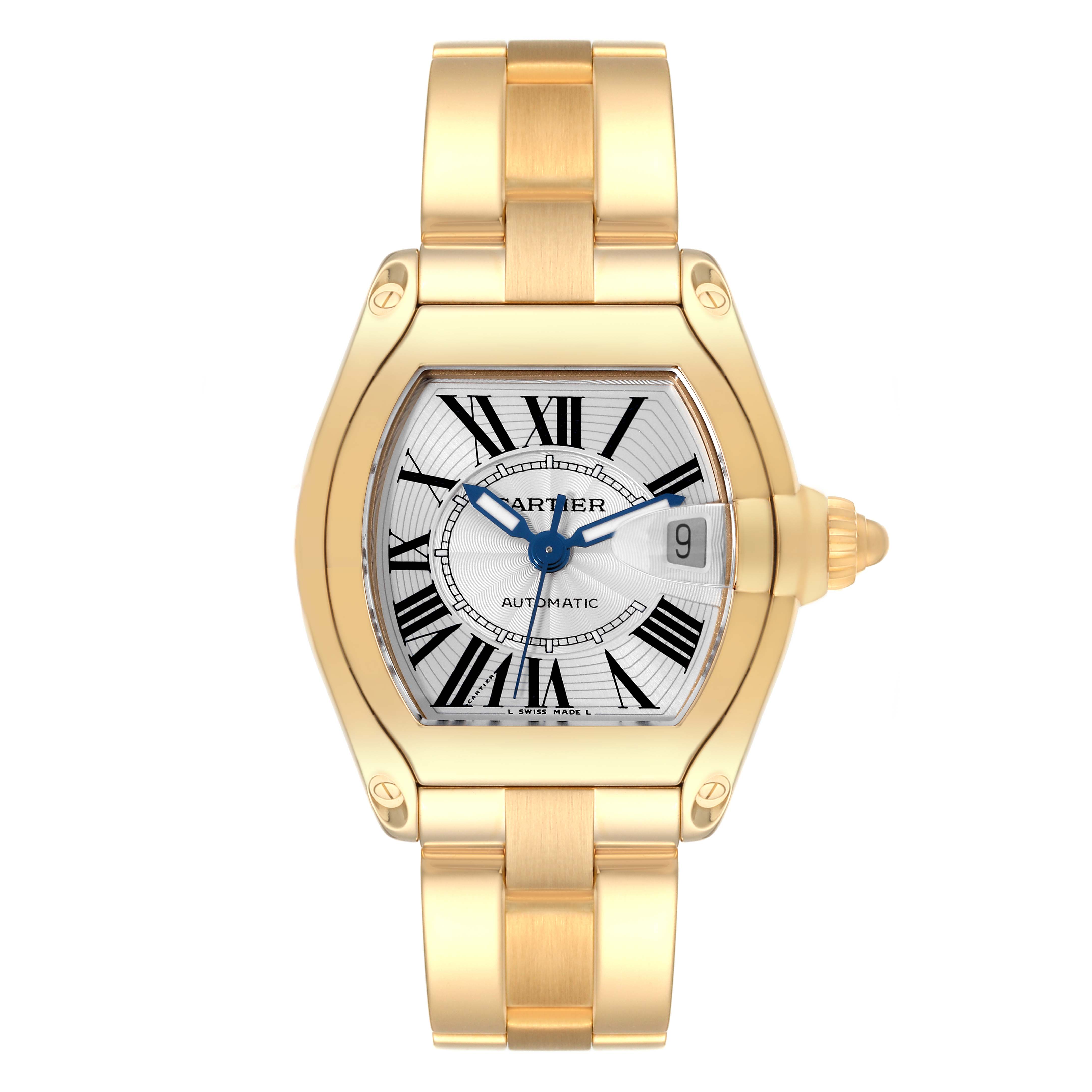 The image displays a front view of the Cartier Roadster W62005V1 Men's Yellow Gold Silver Dial W62005V1 Men's Yellow Gold Silver Dial watch, highlighting its dial, bracelet, and crown.