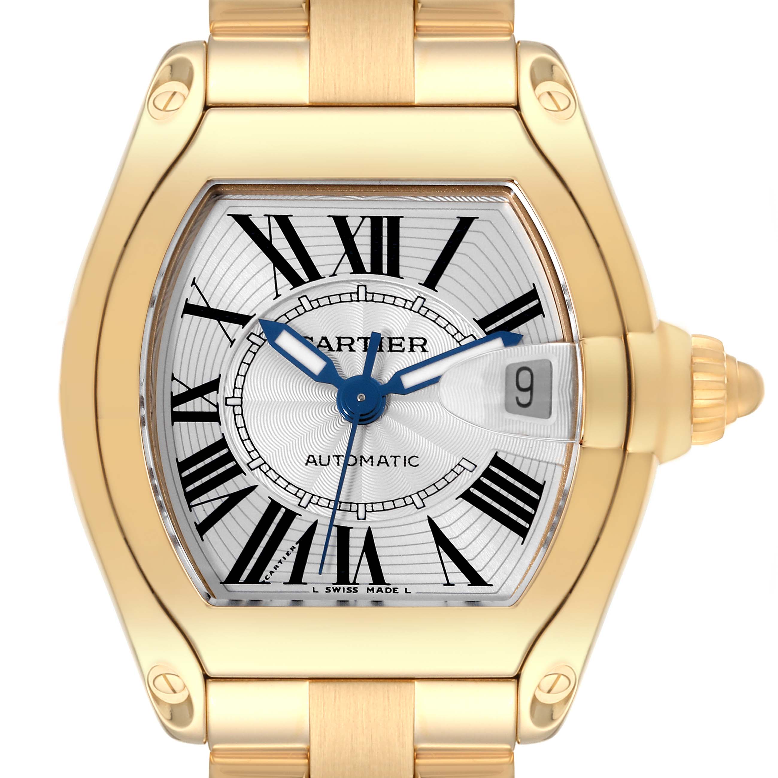 The image shows a front view of a Cartier Roadster W62005V1 Men's Yellow Gold Silver Dial W62005V1 Men's Yellow Gold Silver Dial watch, highlighting the dial, hands, date display, and part of the bracelet.