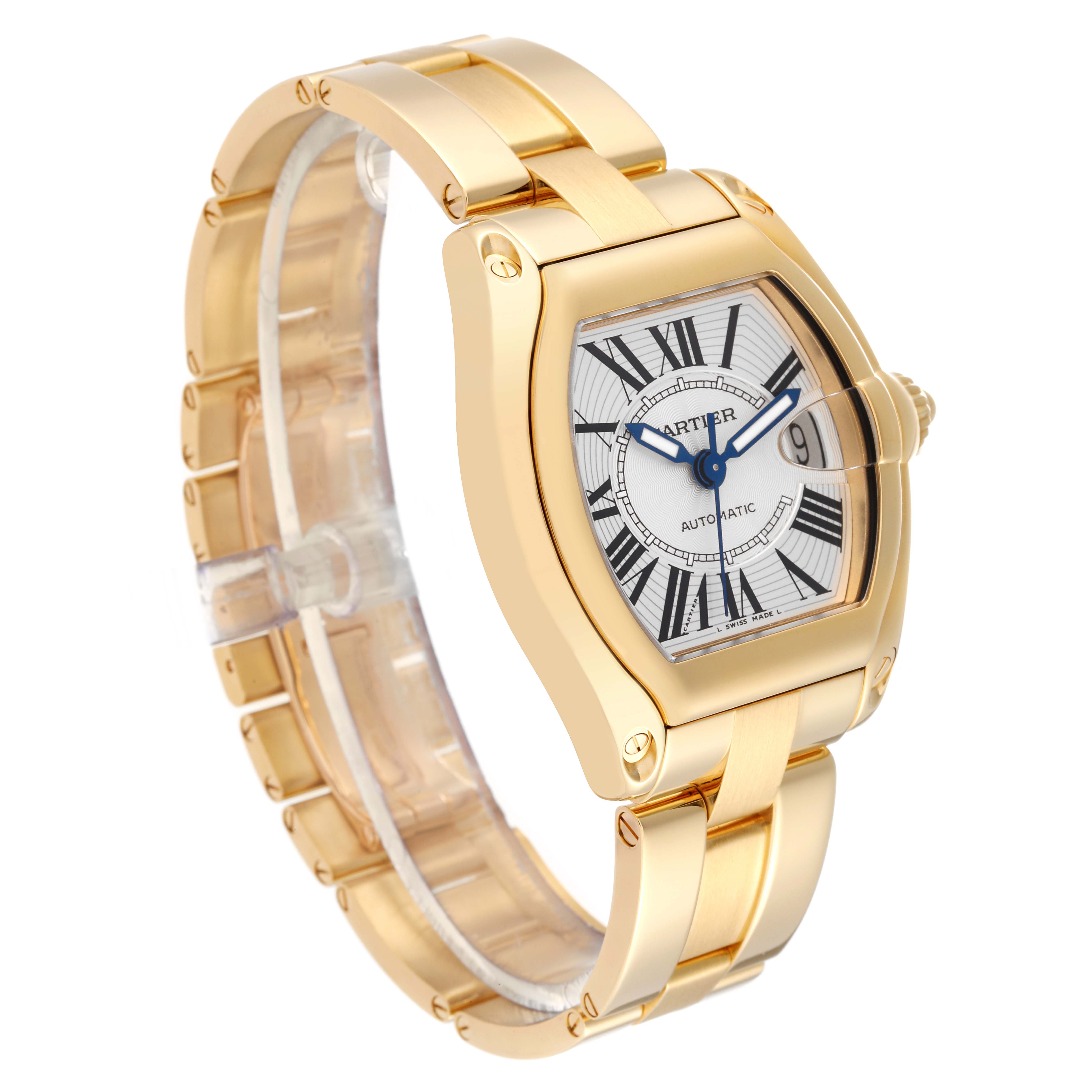 The Cartier Roadster W62005V1 Men's Yellow Gold Silver Dial W62005V1 Men's Yellow Gold Silver Dial watch is shown from a three-quarter angle displaying its gold bracelet, dial, and Roman numerals.