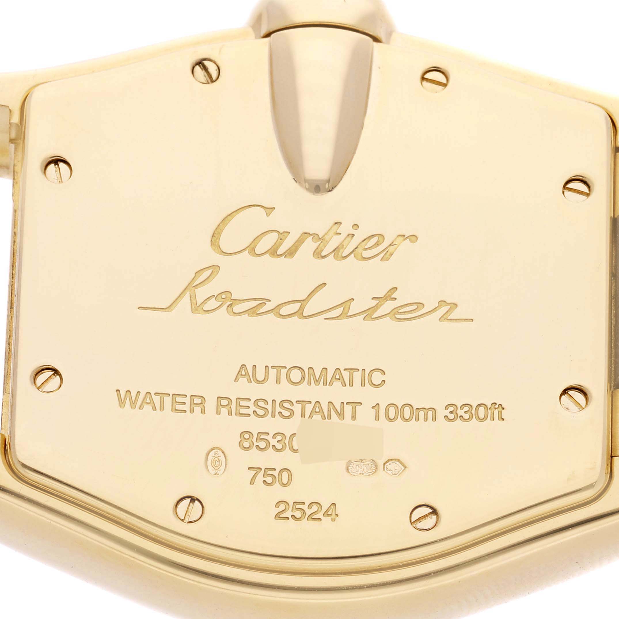 The image shows the back case of a Cartier Roadster W62005V1 Men's Yellow Gold Silver Dial W62005V1 Men's Yellow Gold Silver Dial watch, highlighting the brand, model, and specifications.
