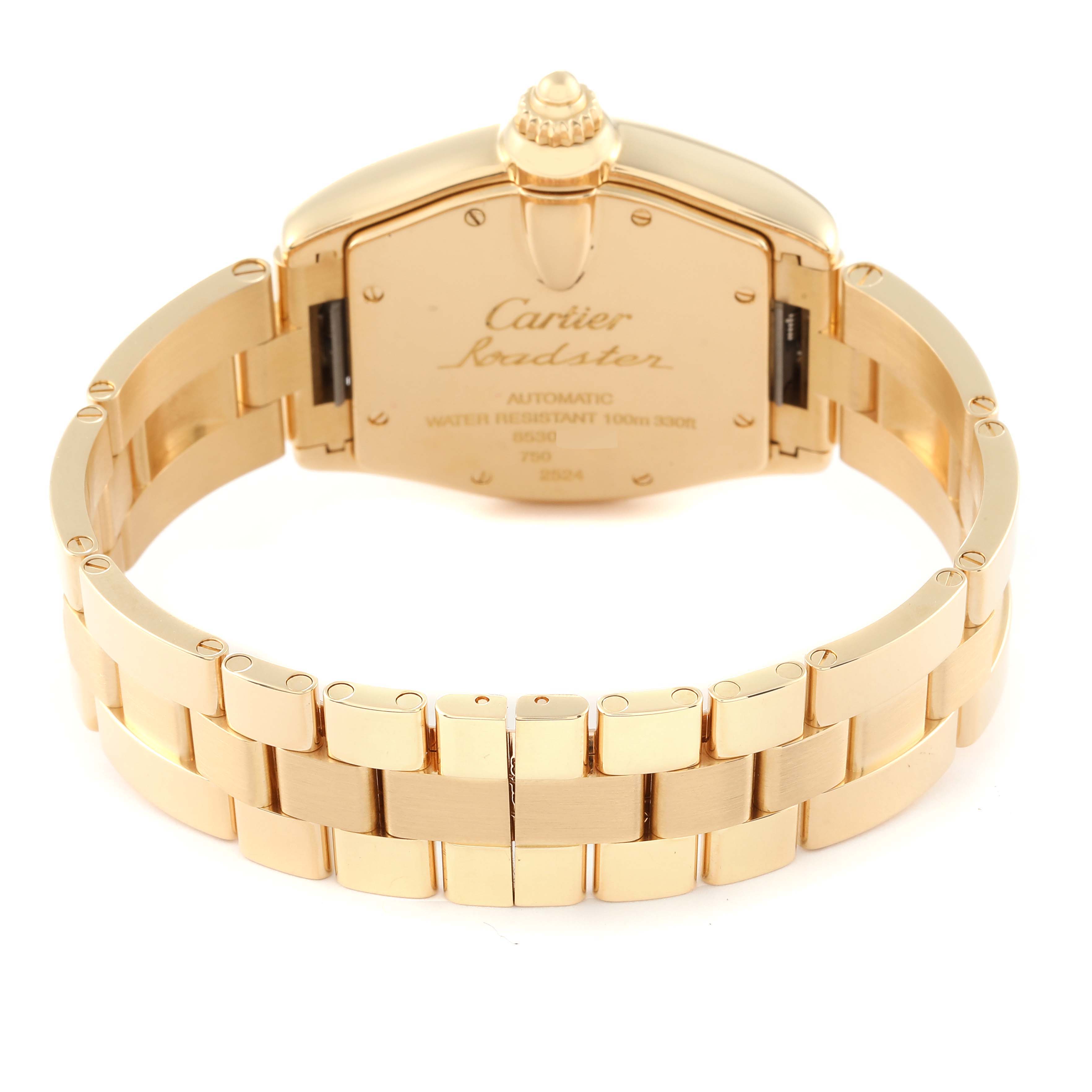 The image shows the back view of the Cartier Roadster W62005V1 Men's Yellow Gold Silver Dial W62005V1 Men's Yellow Gold Silver Dial watch, highlighting its gold bracelet and caseback.