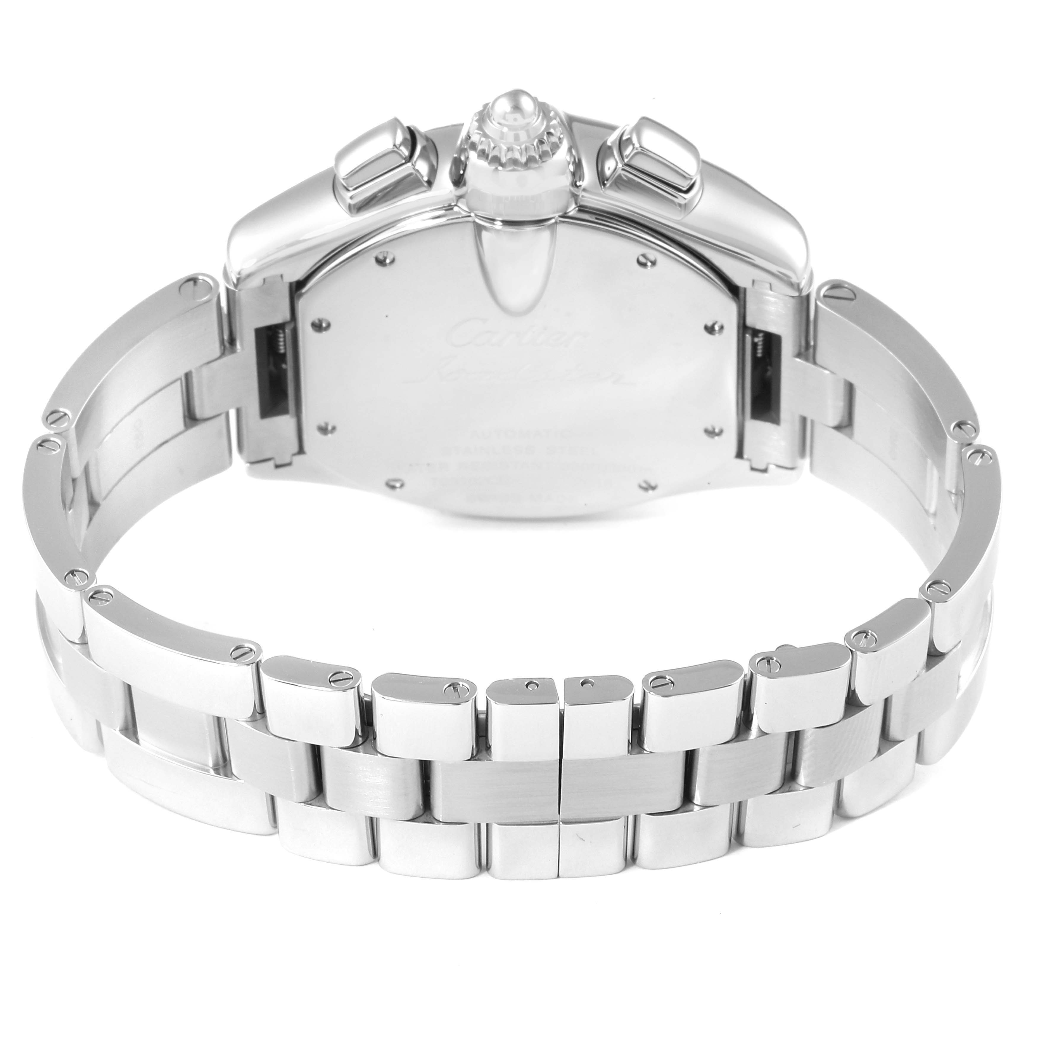 This image shows the back view of a Cartier Roadster W62019X6 Men
s Stainless Steel Silver Dial W62019X6 Men
s Stainless Steel Silver Dial watch, highlighting the caseback and metal bracelet.