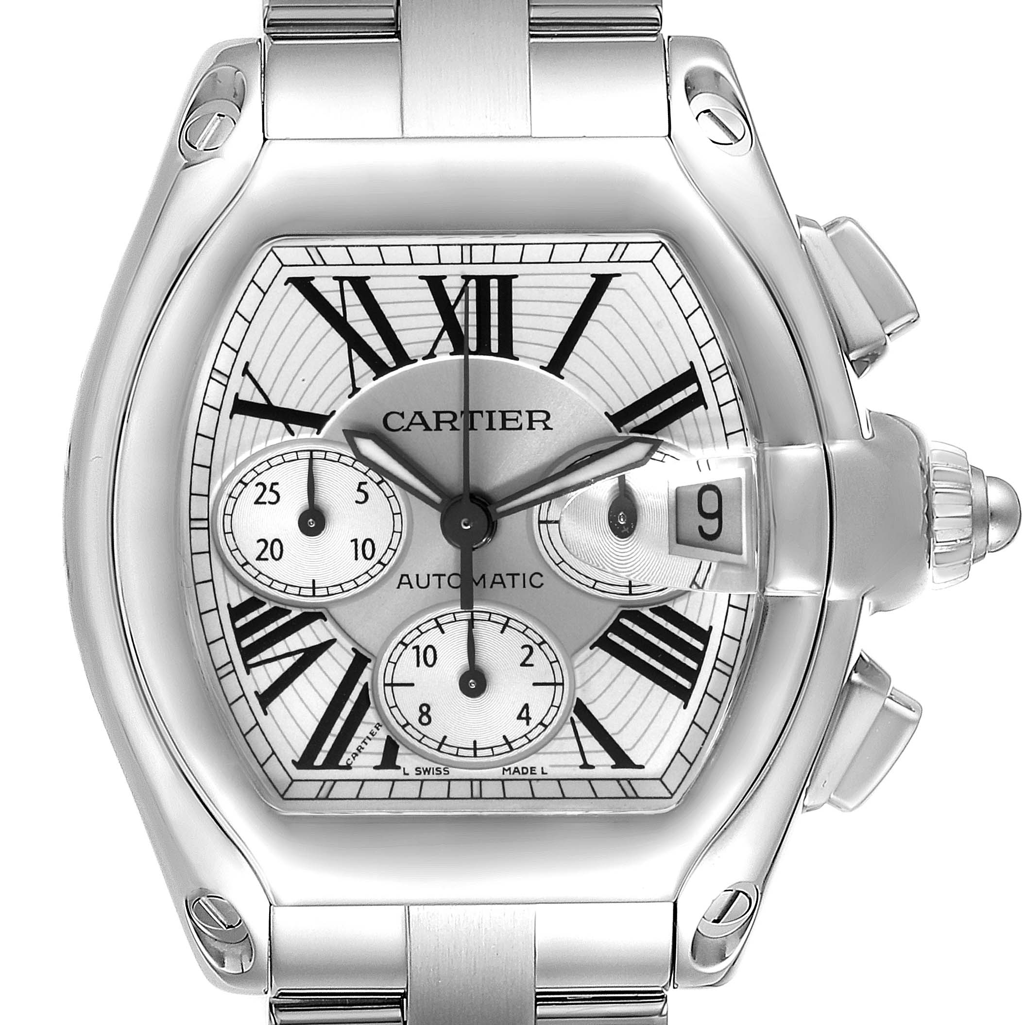 This head-on image displays the face, bezel, and part of the bracelet of the Cartier Roadster W62019X6 Men
s Stainless Steel Silver Dial W62019X6 Men
s Stainless Steel Silver Dial watch.