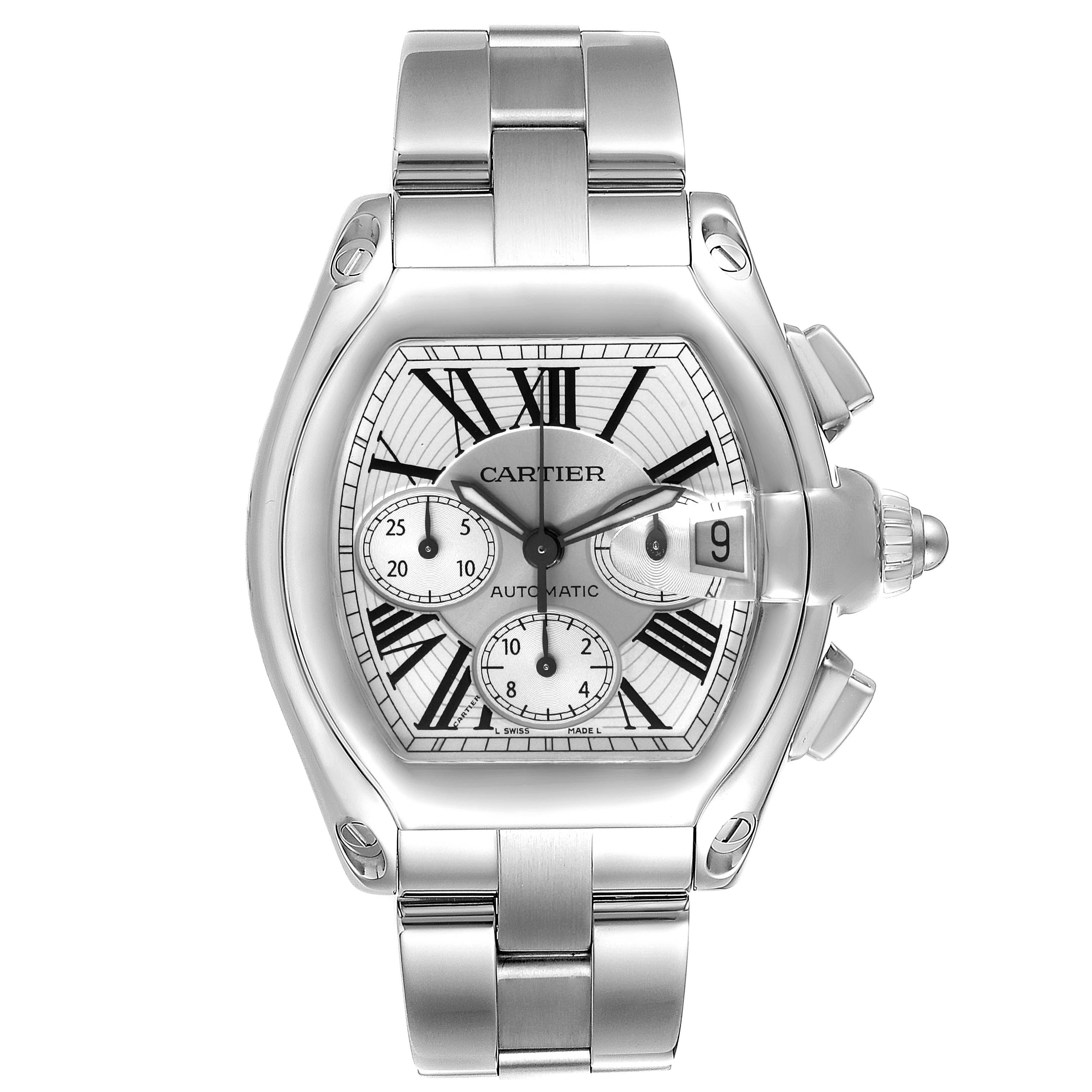 The Cartier Roadster W62019X6 Men
s Stainless Steel Silver Dial W62019X6 Men
s Stainless Steel Silver Dial watch is displayed from the front, showing the face, case, dial, and metal bracelet.