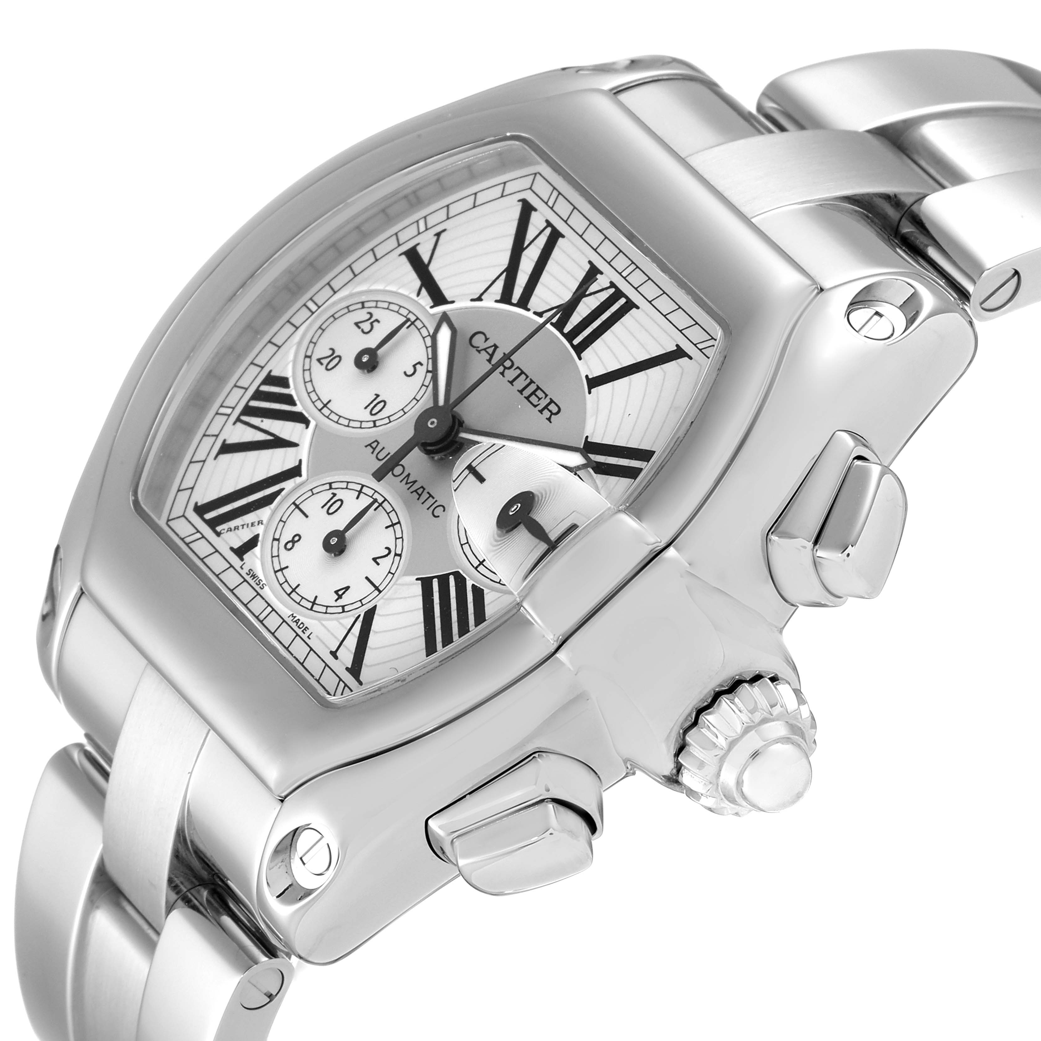 This is a close-up angle showing the face and side of the Cartier Roadster W62019X6 Men
s Stainless Steel Silver Dial W62019X6 Men
s Stainless Steel Silver Dial watch, highlighting its crown and chronograph buttons.
