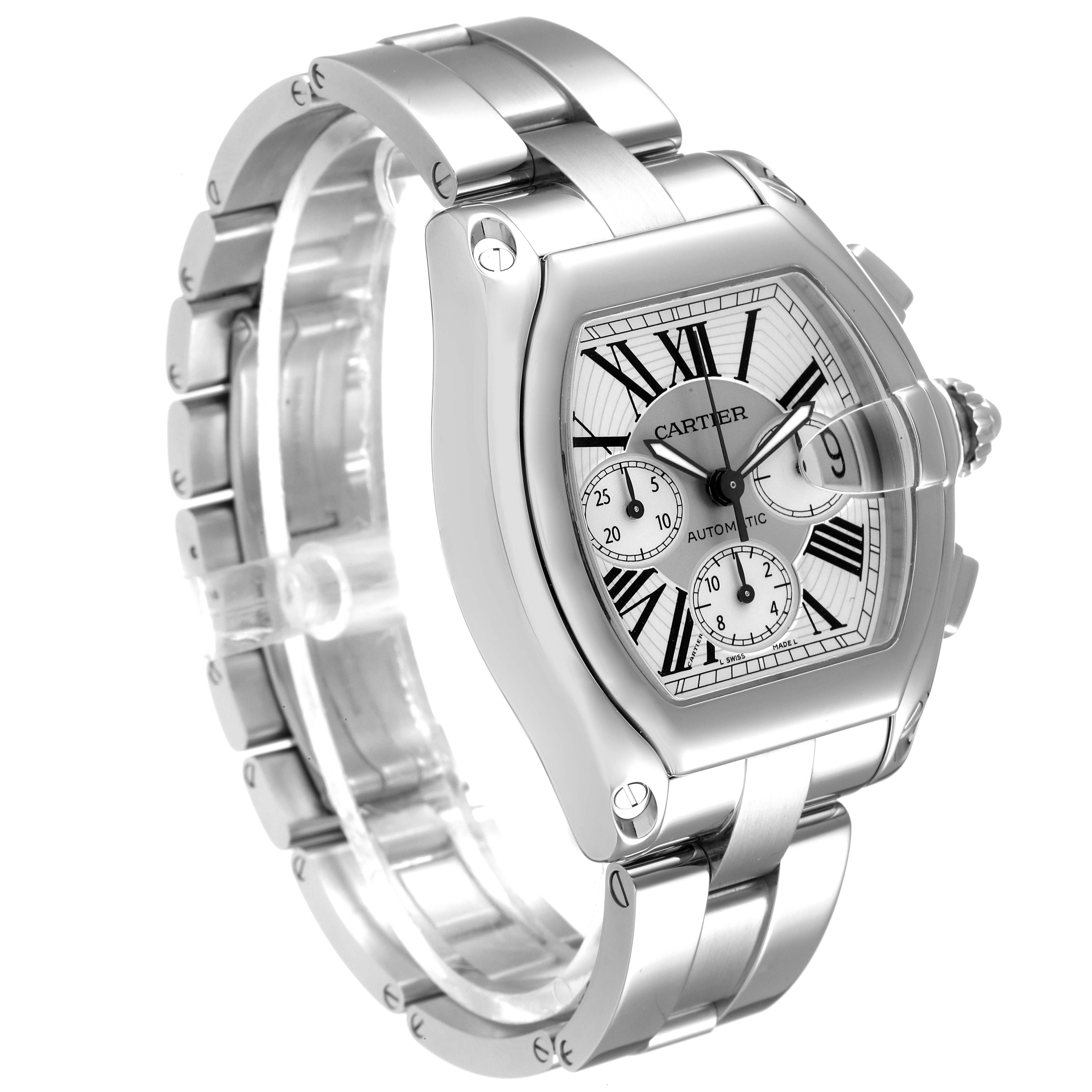 The Roadster model by Cartier is shown at a three-quarter angle, highlighting its dial, bezel, and metal bracelet.