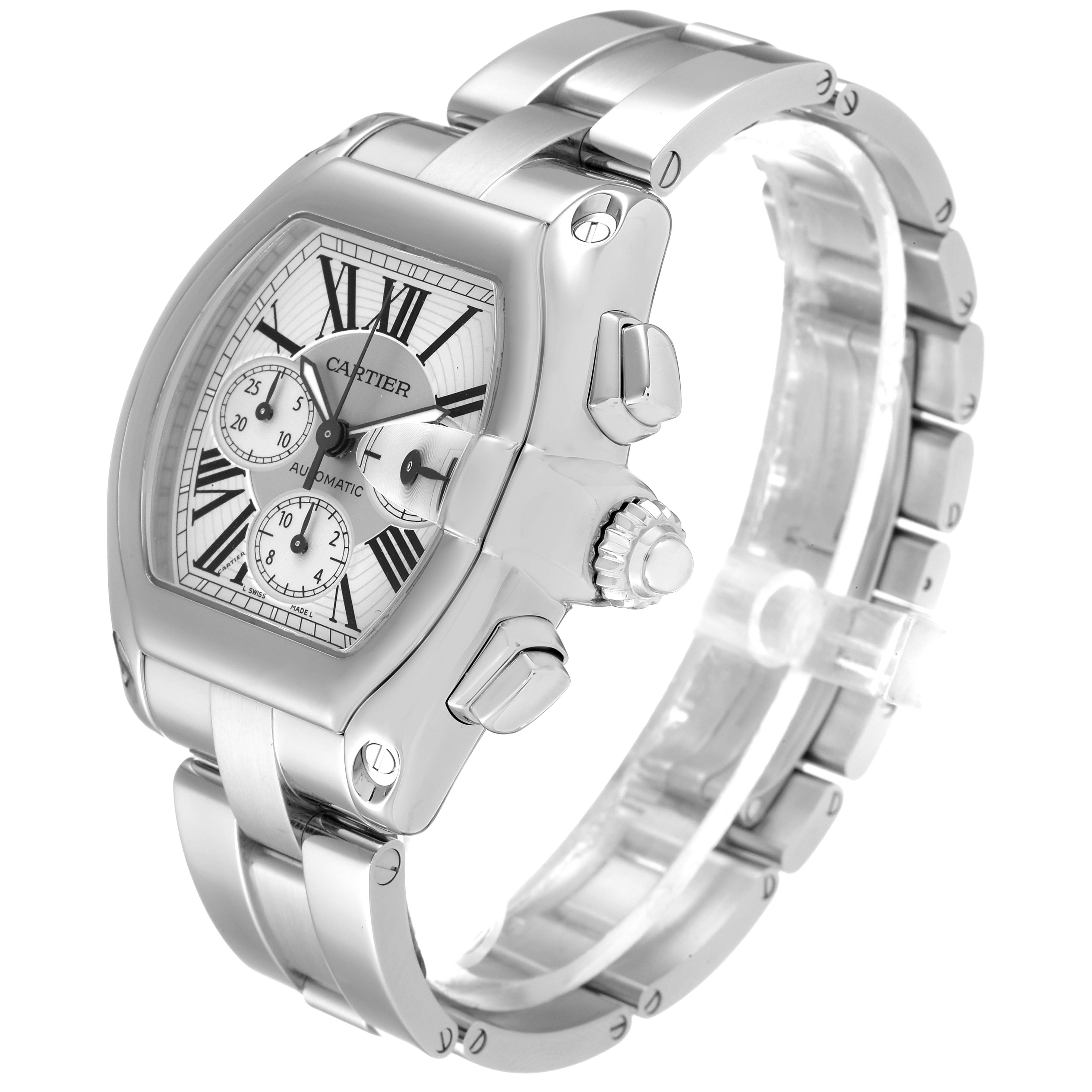 This image shows a Cartier Roadster W62019X6 Men
s Stainless Steel Silver Dial W62019X6 Men
s Stainless Steel Silver Dial watch angled to display its face, side buttons, and metal bracelet.