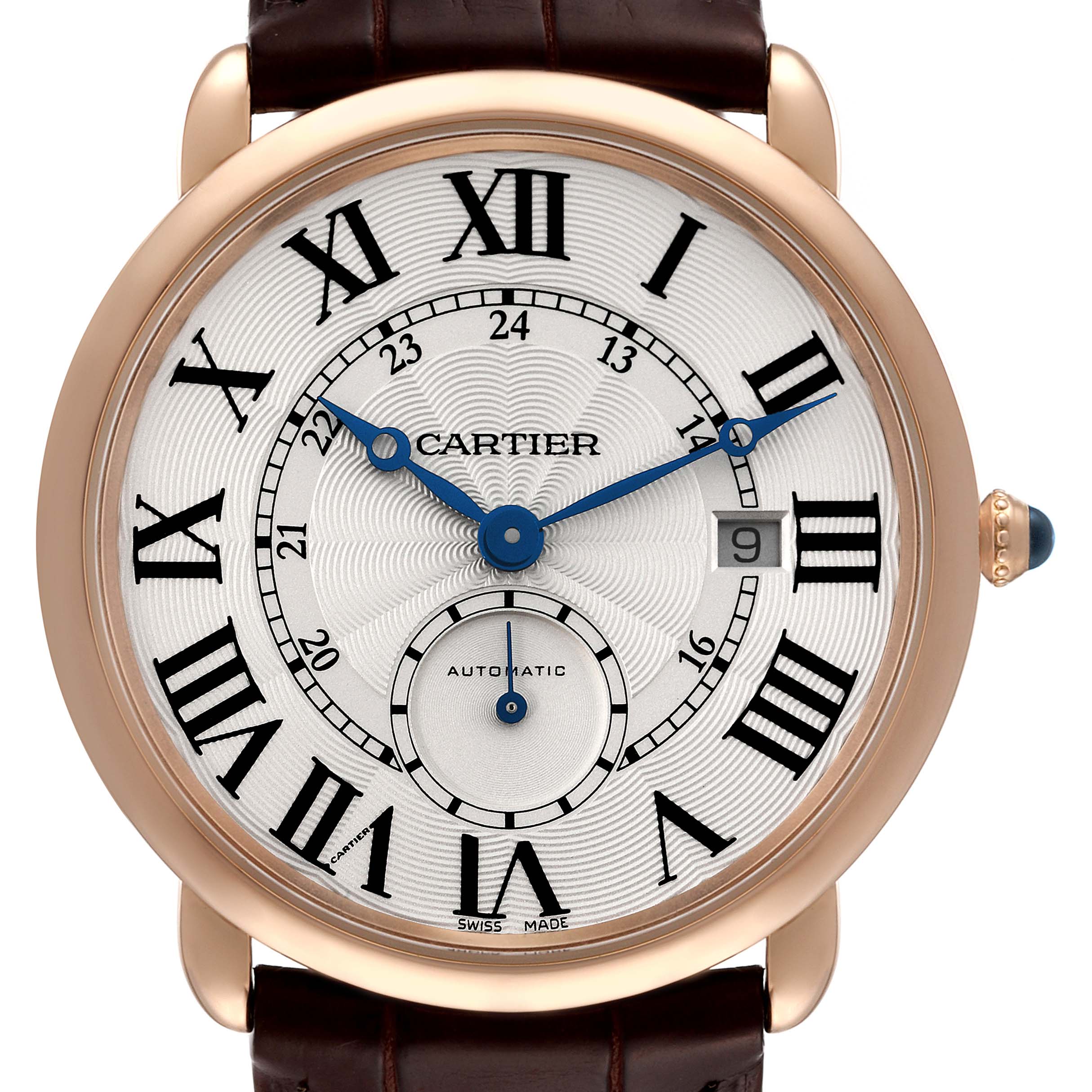 The image shows a front view of a Cartier Ronde W6801005 Men
s Rose Gold Silver Dial W6801005 Men
s Rose Gold Silver Dial watch, highlighting its dial, Roman numerals, and blue hands.