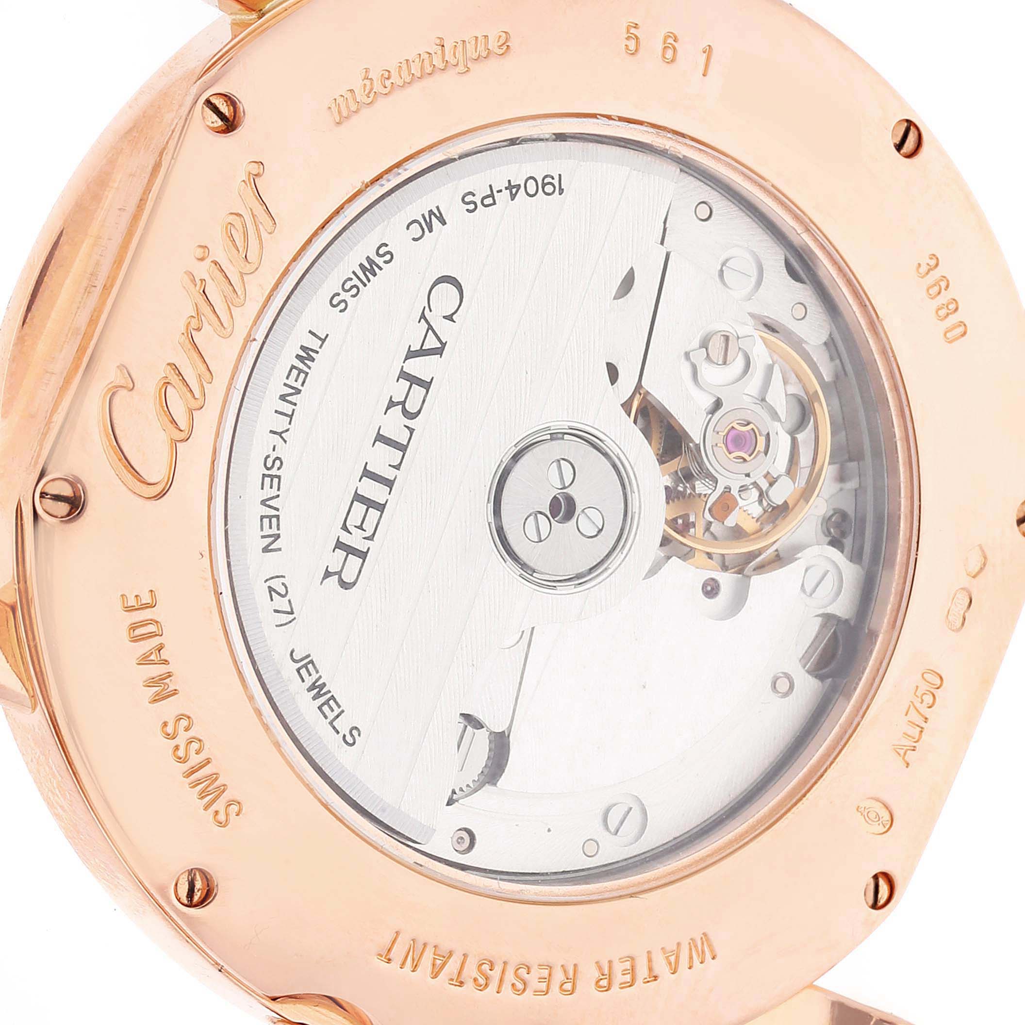 This image shows the back view of the Cartier Ronde W6801005 Men
s Rose Gold Silver Dial W6801005 Men
s Rose Gold Silver Dial watch, highlighting its mechanical movement and internal parts.