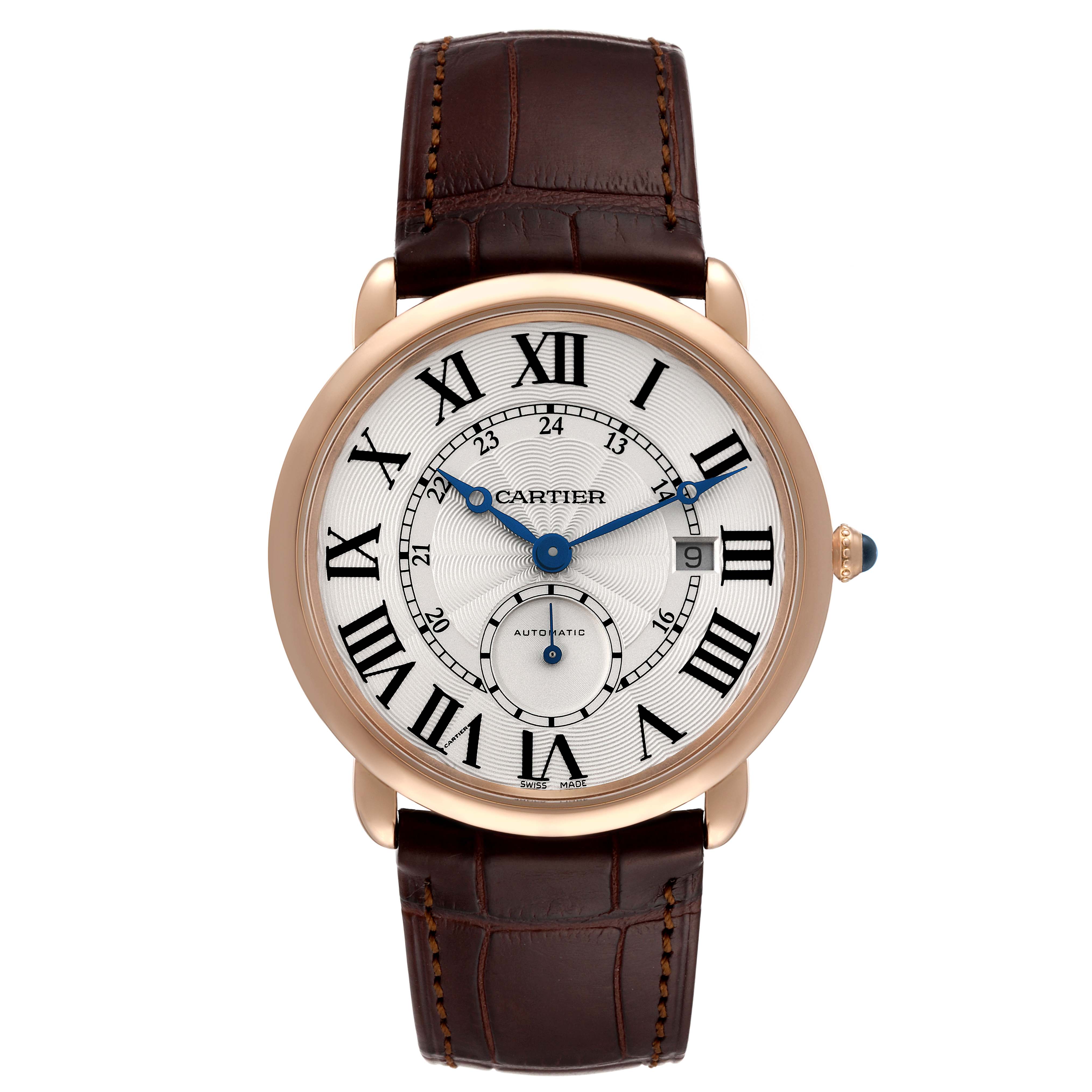 This is a frontal view of the Cartier Ronde W6801005 Men
s Rose Gold Silver Dial W6801005 Men
s Rose Gold Silver Dial watch, showing the dial, hands, case, and leather strap.