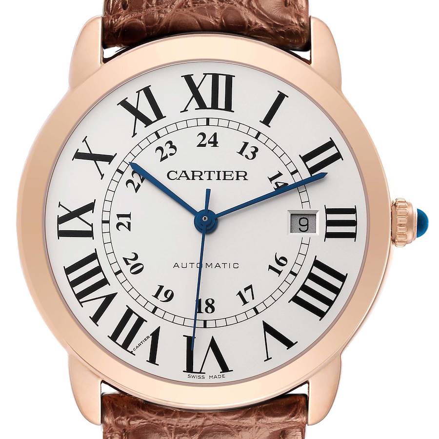 The Cartier Ronde watch is shown front-facing, displaying its face, Roman numerals, date window, and crown.