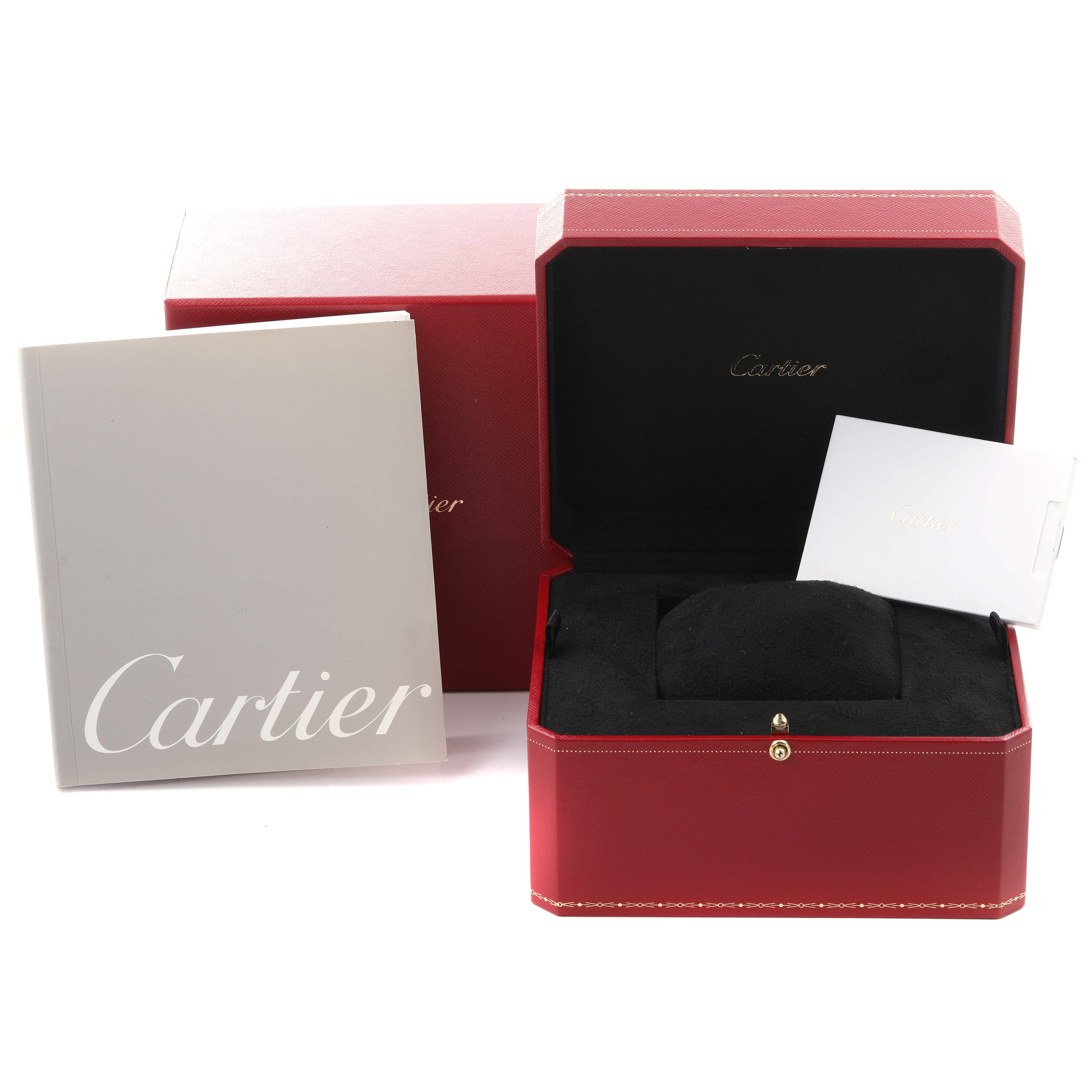 The image shows the packaging and manuals for the Cartier Ronde W6701009 Men
s Rose Gold Silver Dial W6701009 Men
s Rose Gold Silver Dial watch, including a red box, pouch, and booklet.