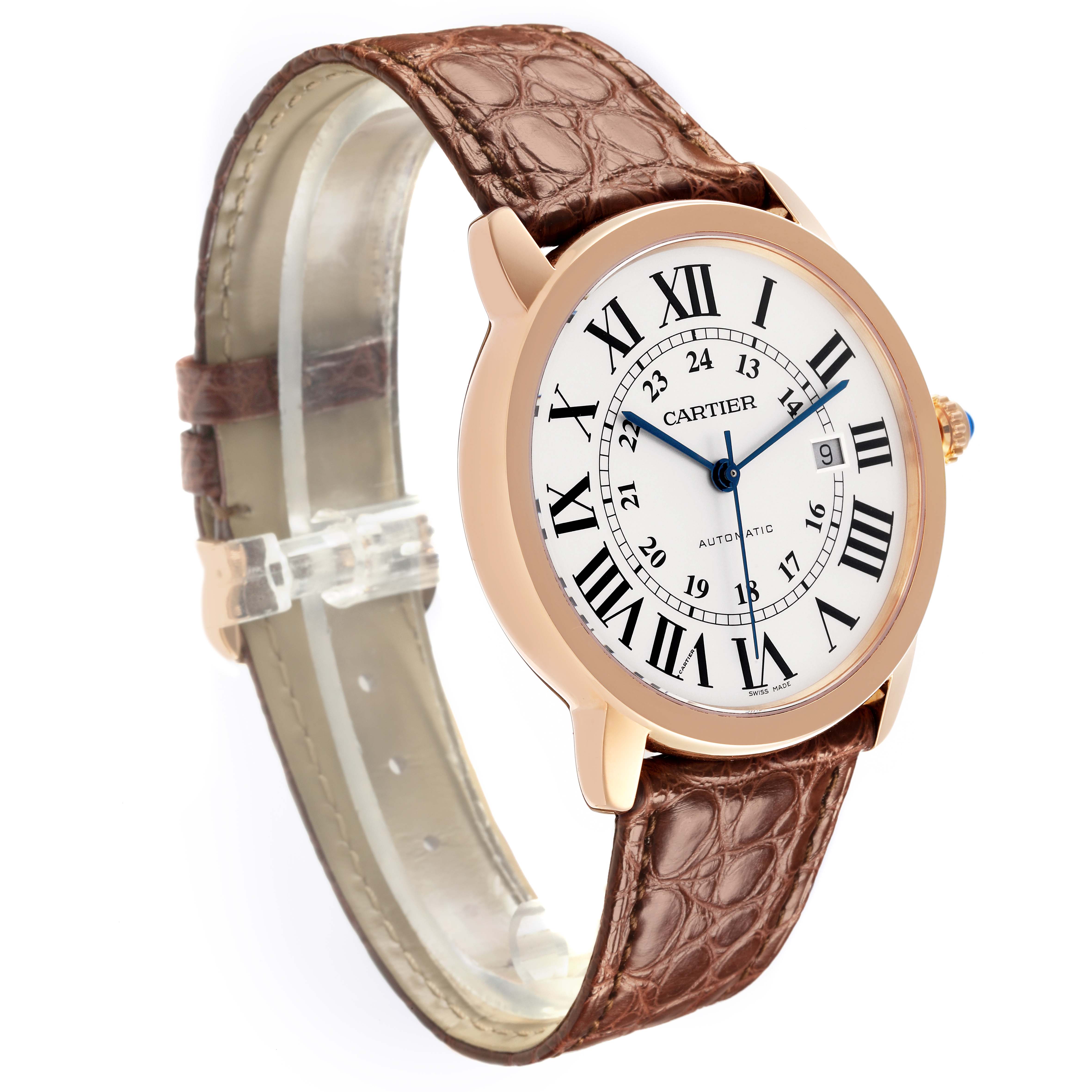The Cartier Ronde W6701009 Men
s Rose Gold Silver Dial W6701009 Men
s Rose Gold Silver Dial watch is shown at a side angle, displaying the face, Roman numerals, case, and leather strap.