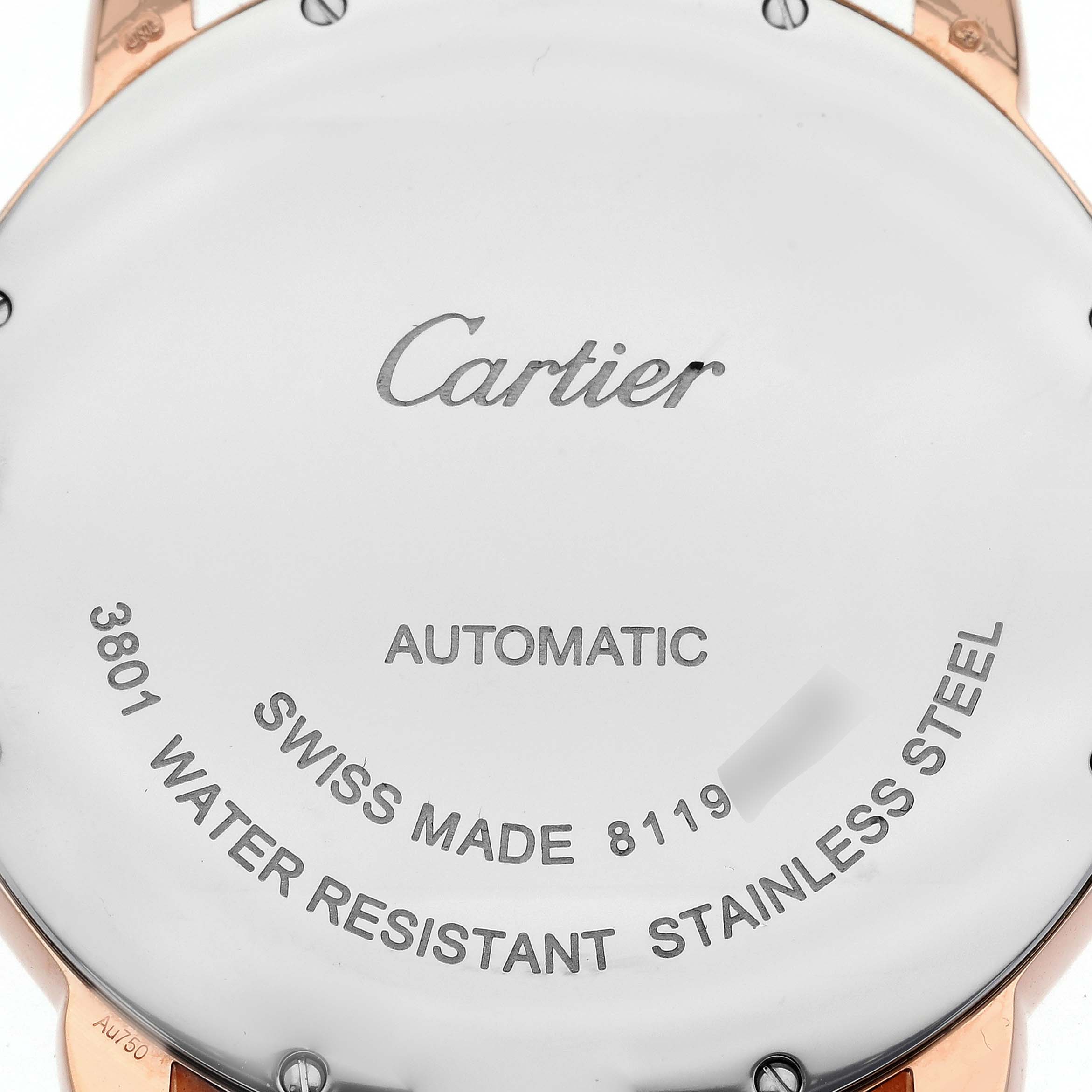 The image shows the back case of the Cartier Ronde W6701009 Men
s Rose Gold Silver Dial W6701009 Men
s Rose Gold Silver Dial watch, highlighting the brand name and specifications.