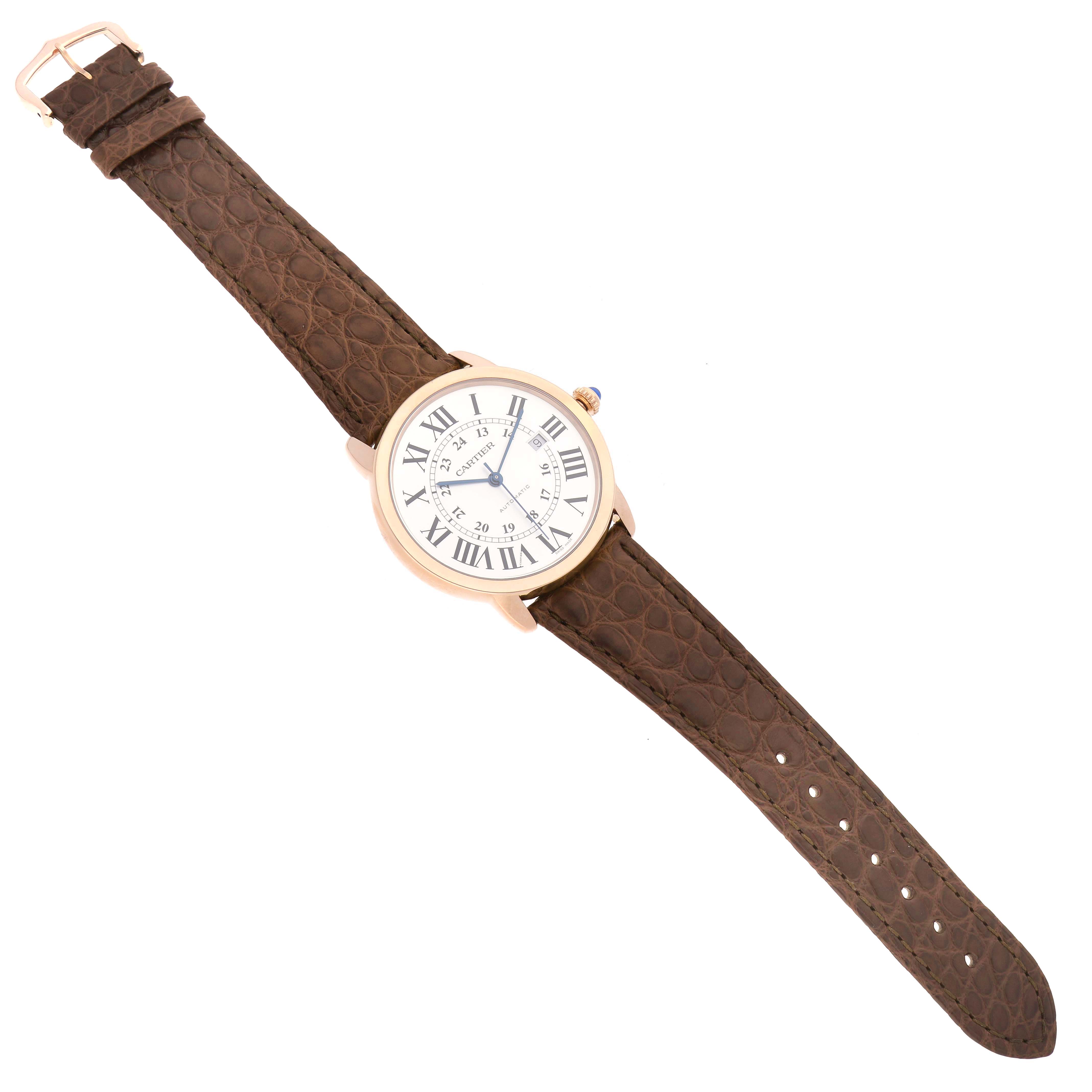 The Cartier Ronde W6701009 Men
s Rose Gold Silver Dial W6701009 Men
s Rose Gold Silver Dial watch is shown from a top-down angle, displaying the full face and brown leather strap.