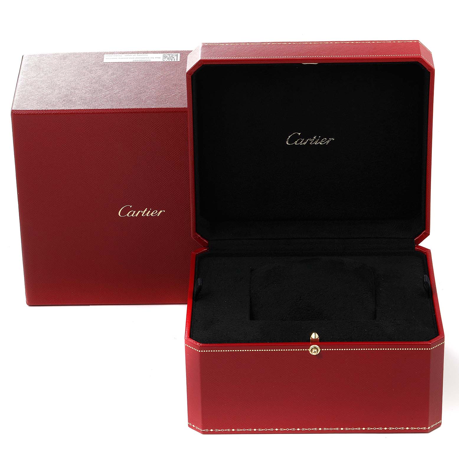 The image shows an open red Cartier box for the Rotonde model watch from a straight-on angle.