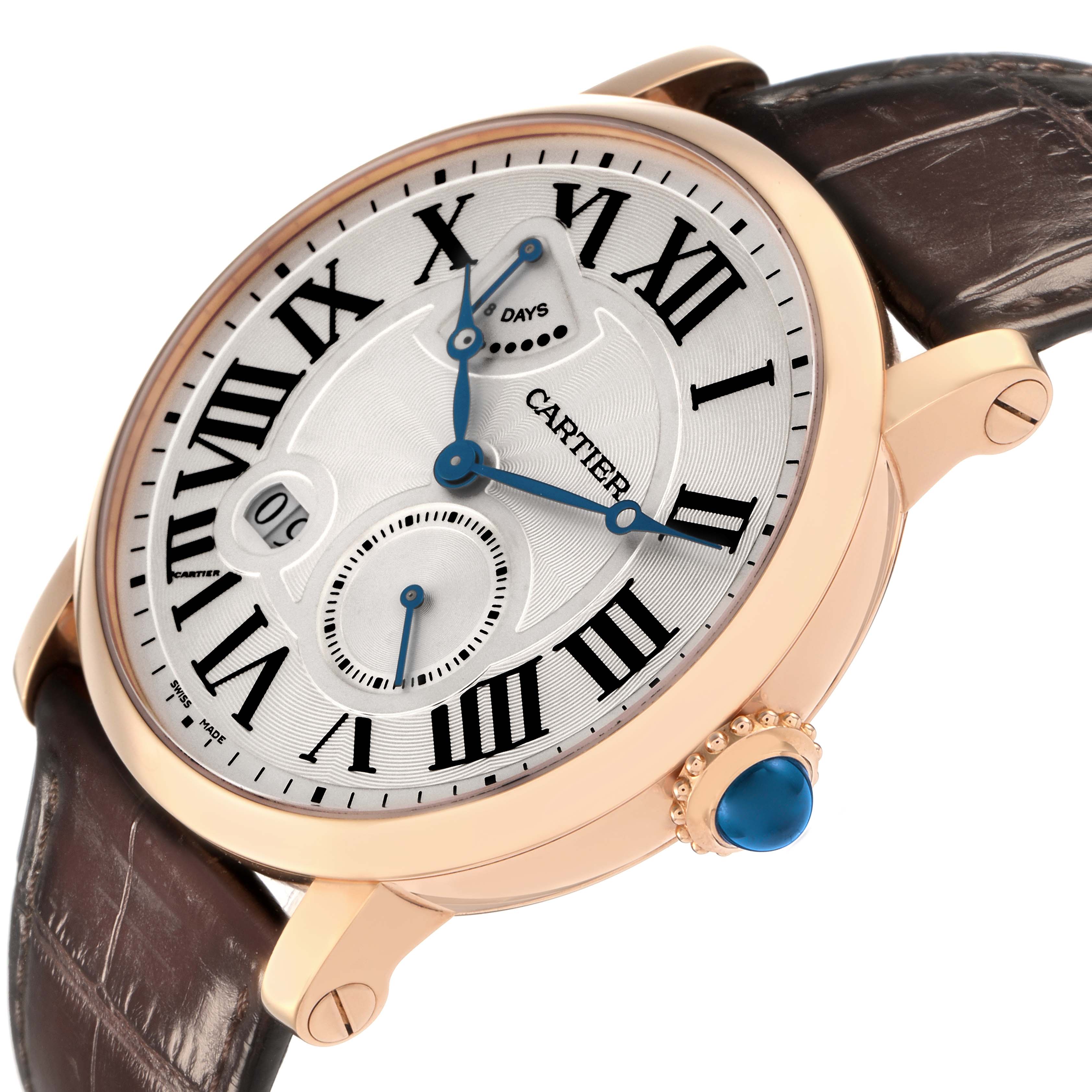 The Cartier Rotonde W1556203 Men
s Rose Gold Silver Dial watch is shown at an angled side view, highlighting the dial, crown, and strap.