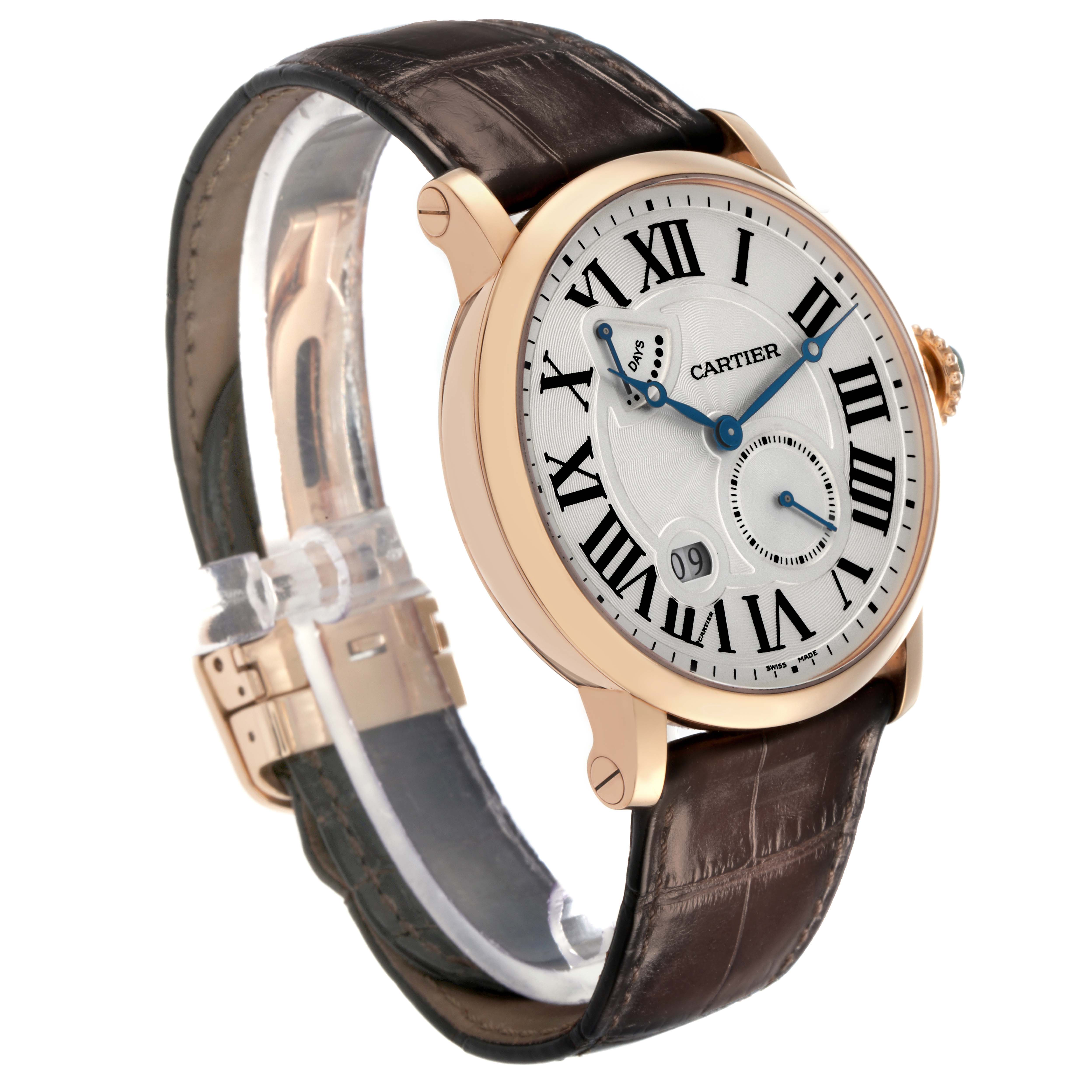 The Cartier Rotonde W1556203 Men
s Rose Gold Silver Dial watch is shown at an angled side view, displaying the face, strap, and crown.