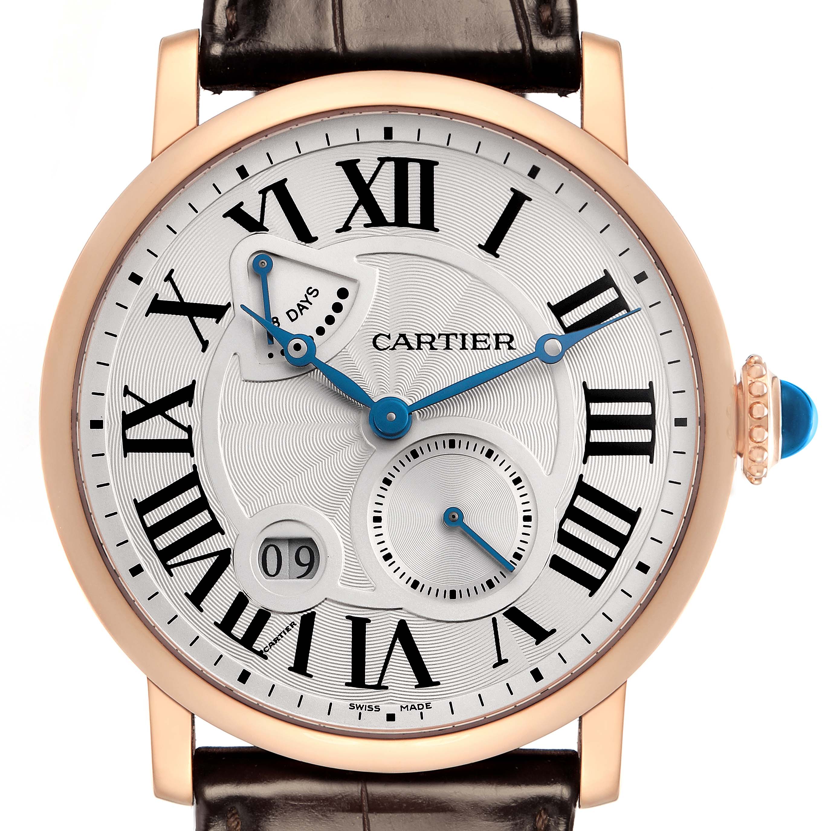 This Cartier Rotonde W1556203 Men
s Rose Gold Silver Dial watch is shown from the front, displaying its dial, hands, Roman numerals, date indicator, and crown.