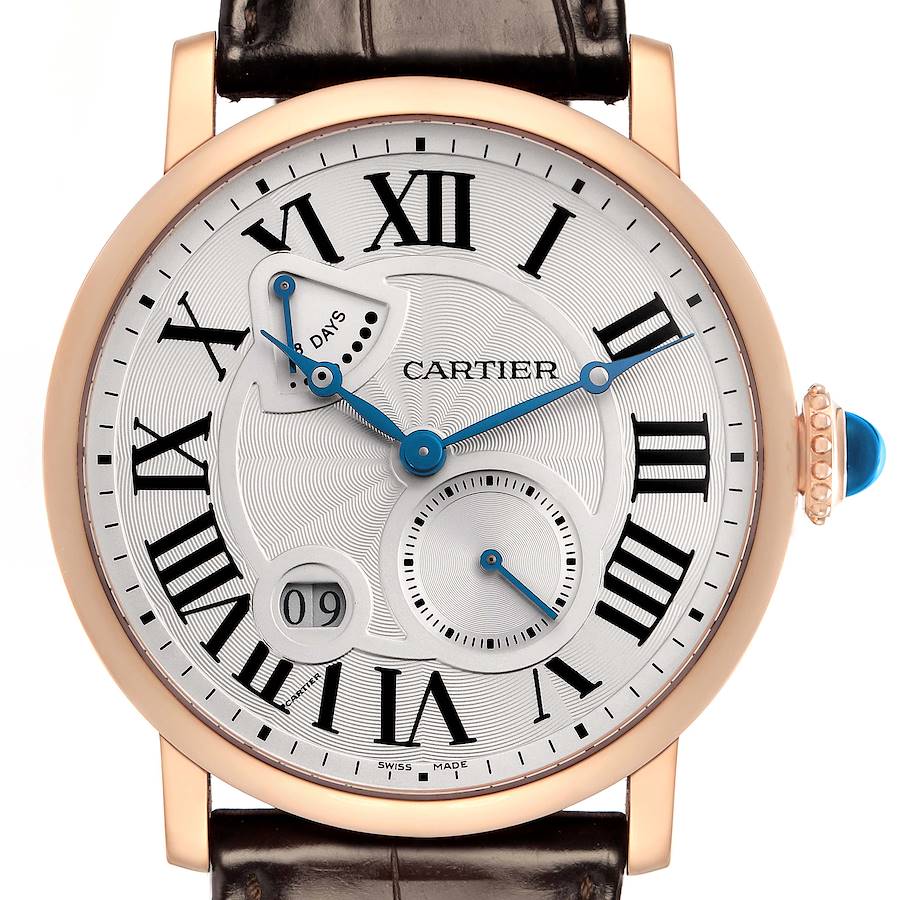 This Cartier Rotonde W1556203 Men's Rose Gold Silver Dial watch is shown from the front, displaying its dial, hands, Roman numerals, date indicator, and crown.