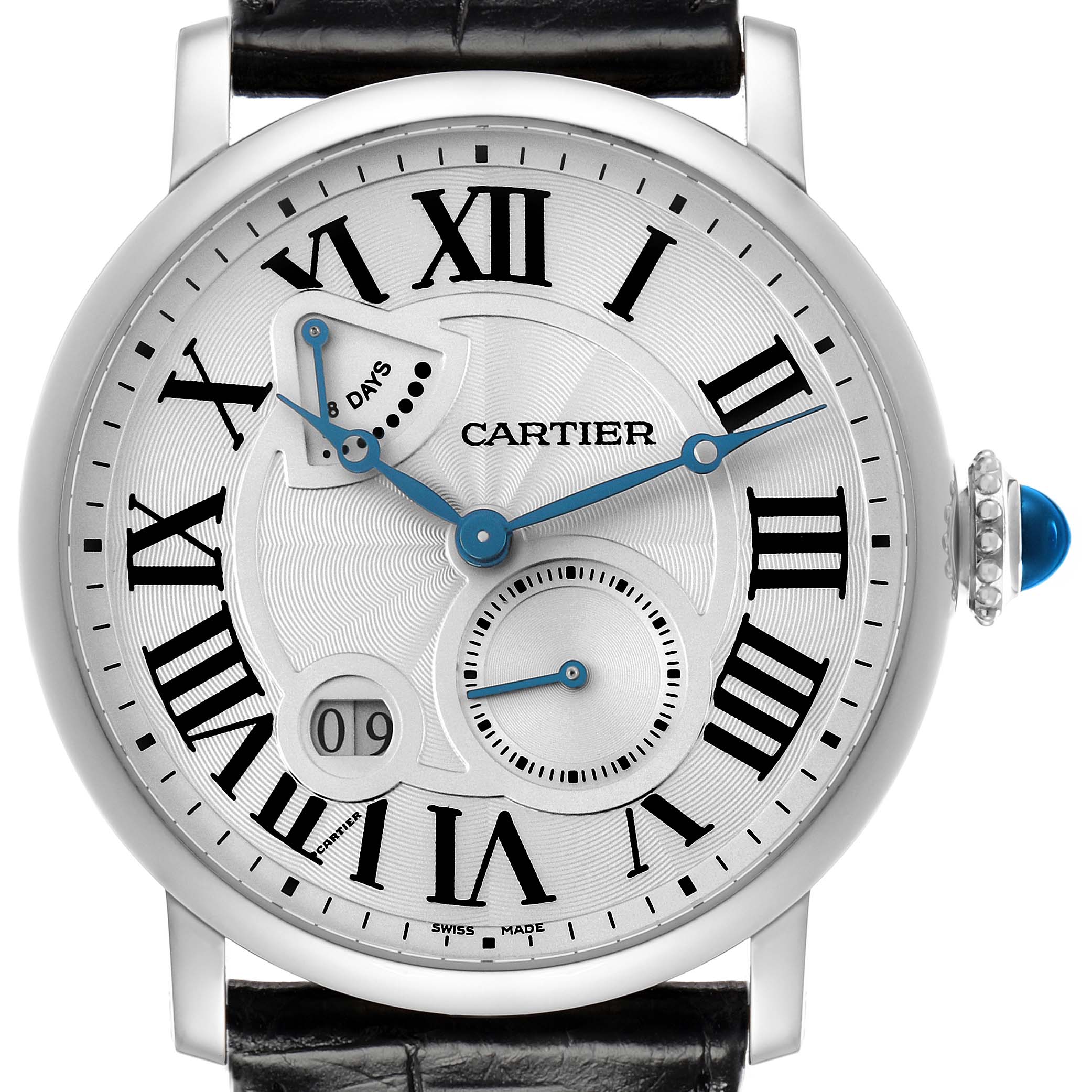 The Cartier Rotonde model W1556202 men's watch is shown from the front, highlighting its dial, Roman numerals, power reserve indicator, and date window.
