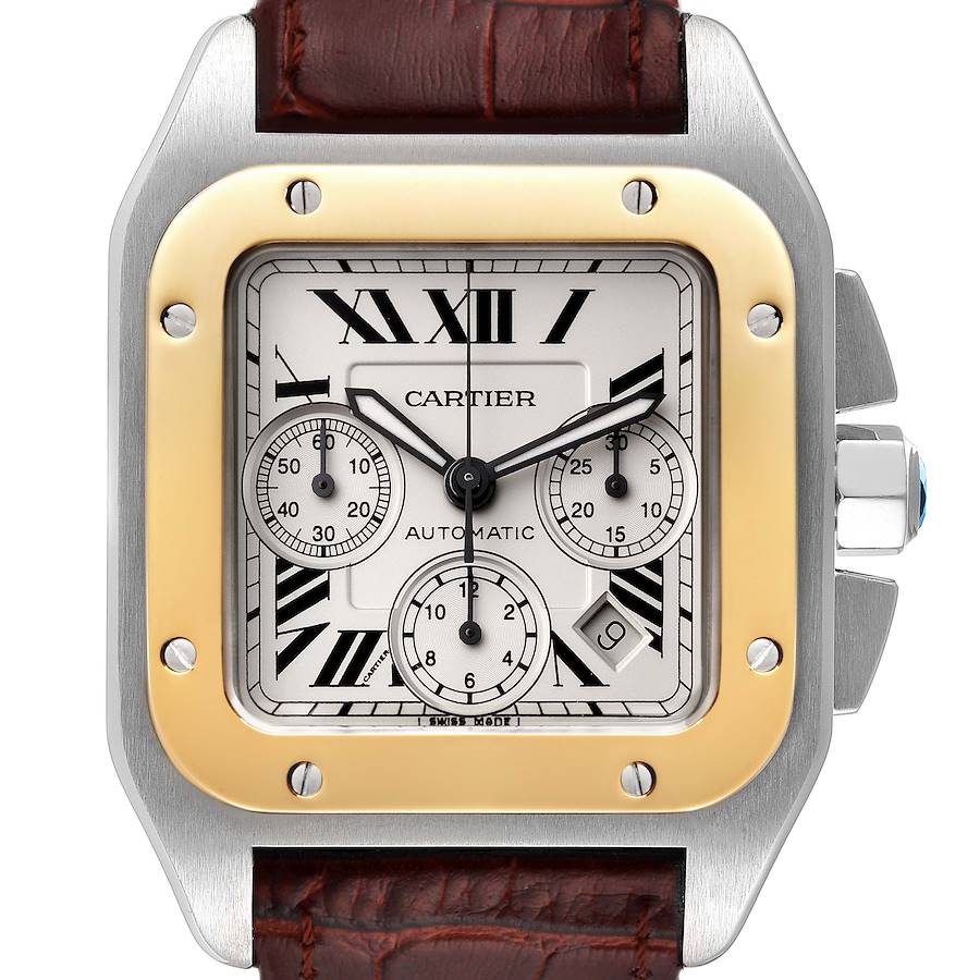 Cartier Santos 100 Steel Yellow Gold Chronograph Mens Watch W20091X7 SwissWatchExpo