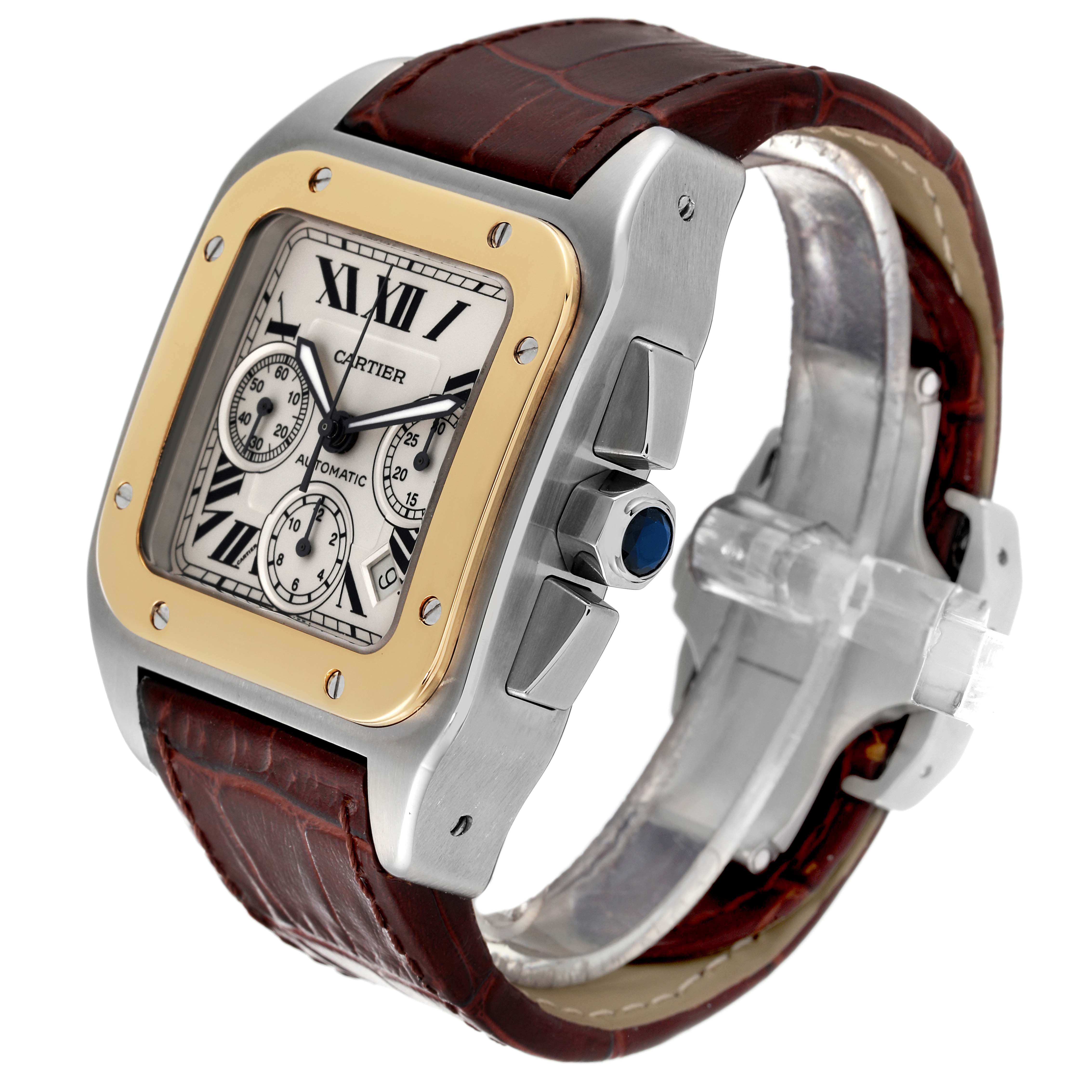 The image shows a Cartier Santos W20091X7 Men's Steel and Gold (two tone) Silver Dial W20091X7 Men's Steel and Gold (two tone) Silver Dial watch at a three-quarter angle, highlighting its dial, bezel, crown, and leather strap.