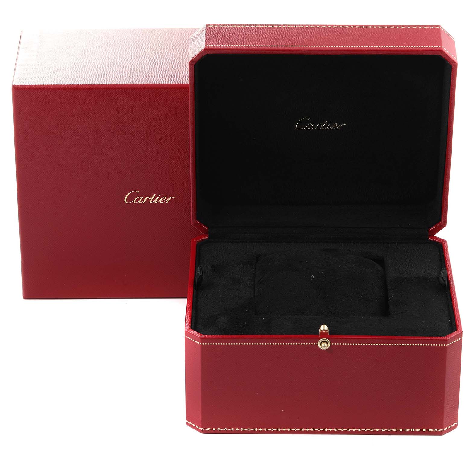 This image shows a Cartier Santos W20091X7 Men's Steel and Gold (two tone) Silver Dial W20091X7 Men's Steel and Gold (two tone) Silver Dial model watch box with an open cover and black interior, alongside its red outer box.