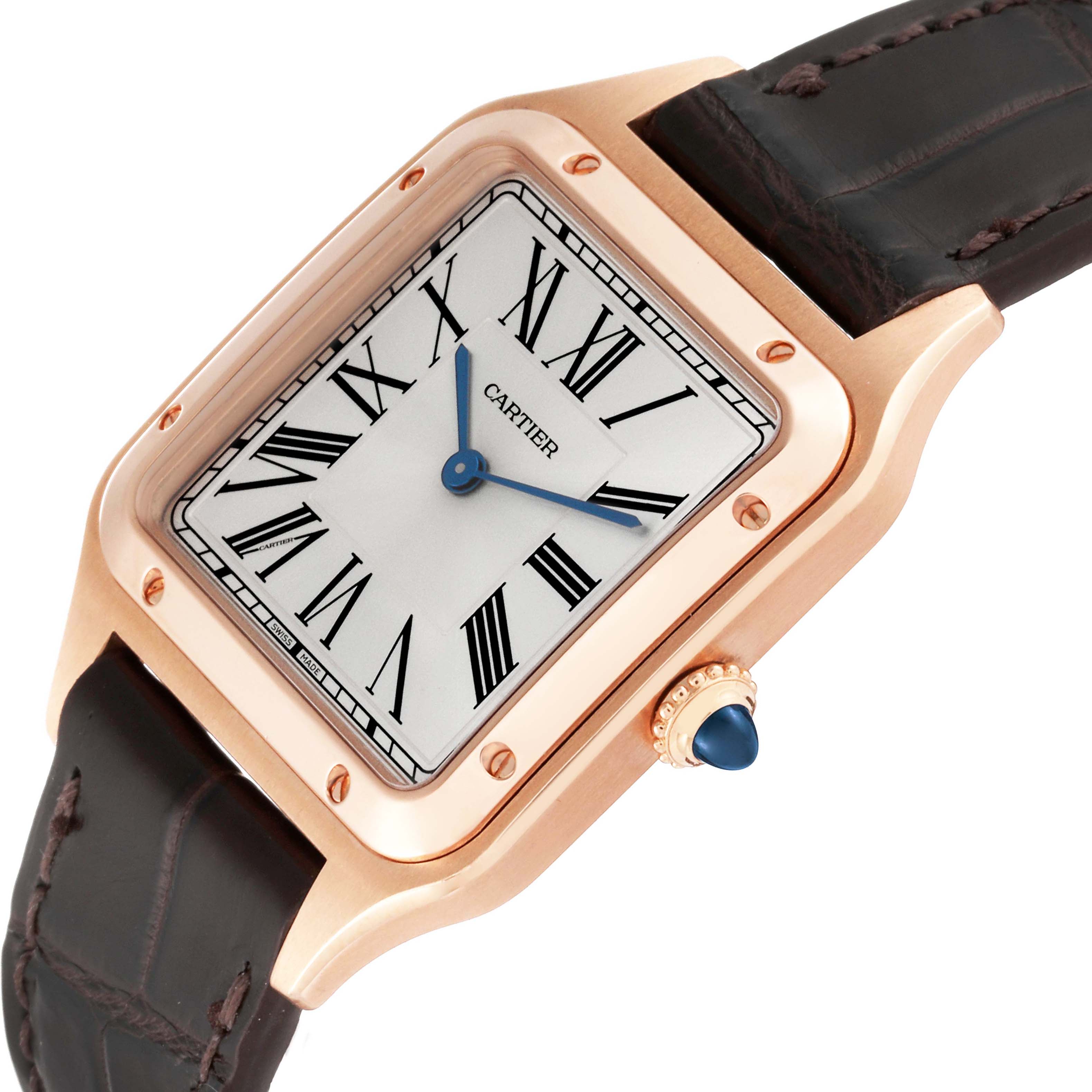 The Cartier Santos Dumont WGSA0021 Men's Rose Gold Silver Dial watch is shown at an angled view highlighting the square face, Roman numerals, and a sapphire-tipped crown.