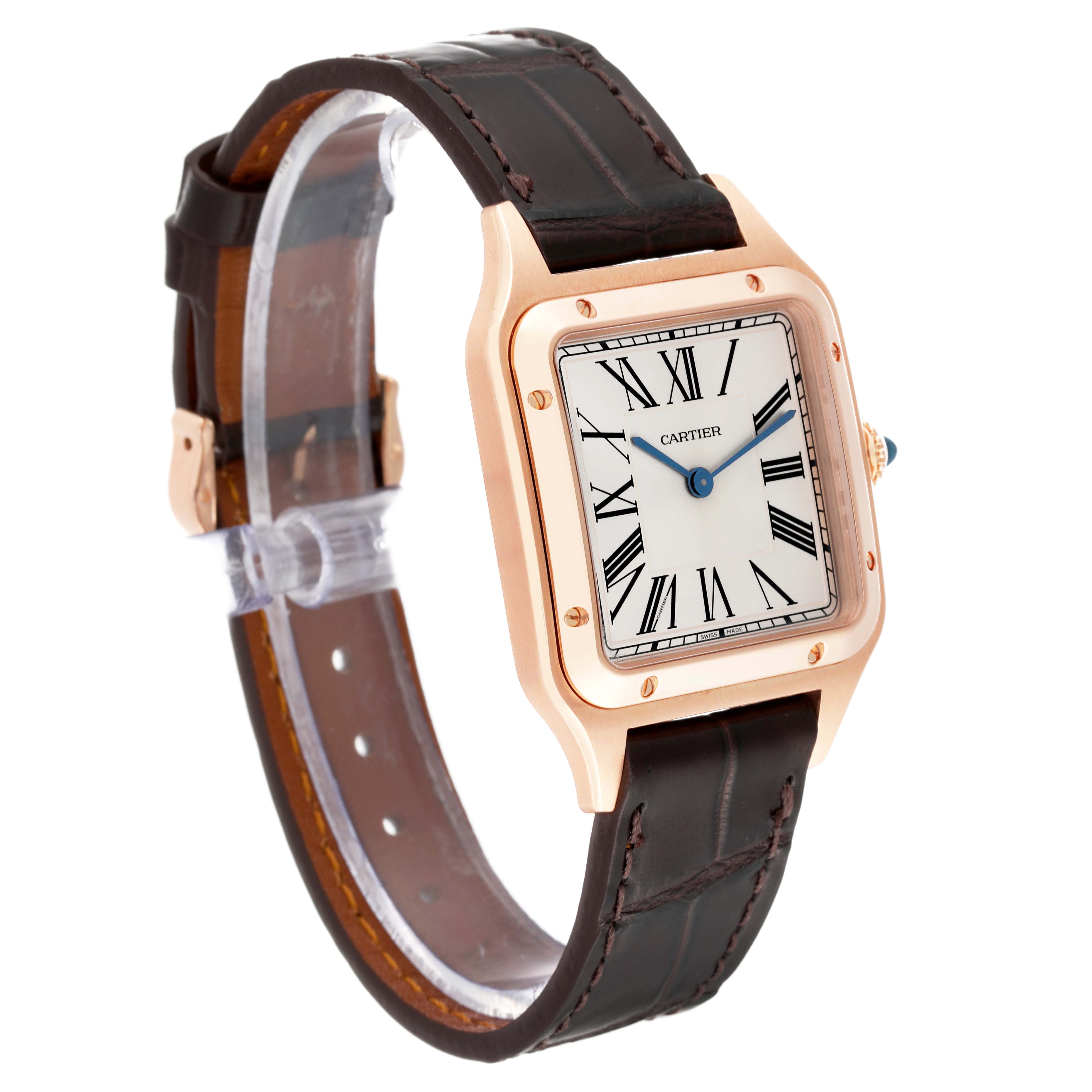 The Cartier Santos Dumont WGSA0021 Men's Rose Gold Silver Dial watch is shown from a front angle, displaying the face, case, crown, and part of the strap.