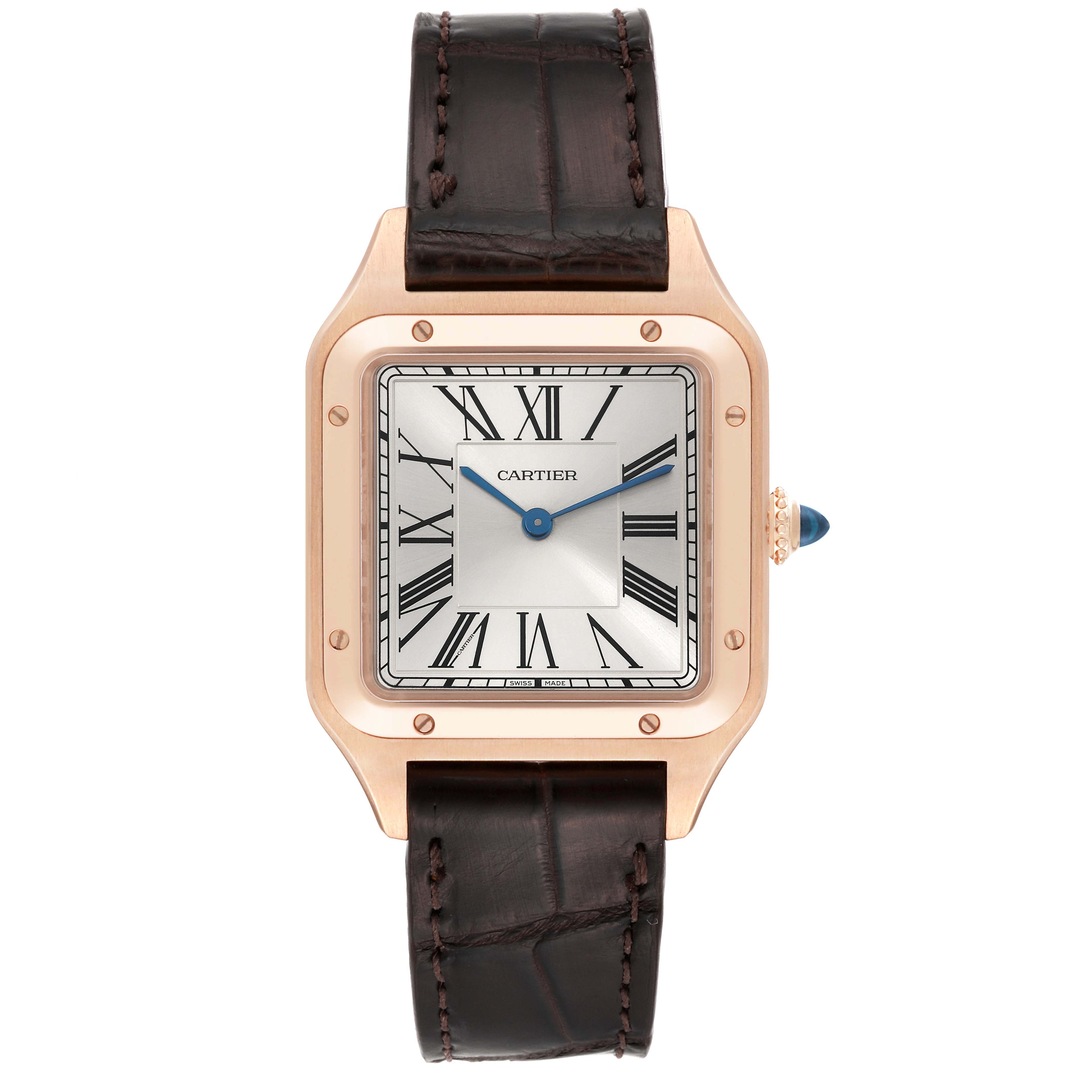 The Cartier Santos Dumont WGSA0021 Men's Rose Gold Silver Dial watch is shown from the front, displaying its square face, Roman numerals, and leather strap.