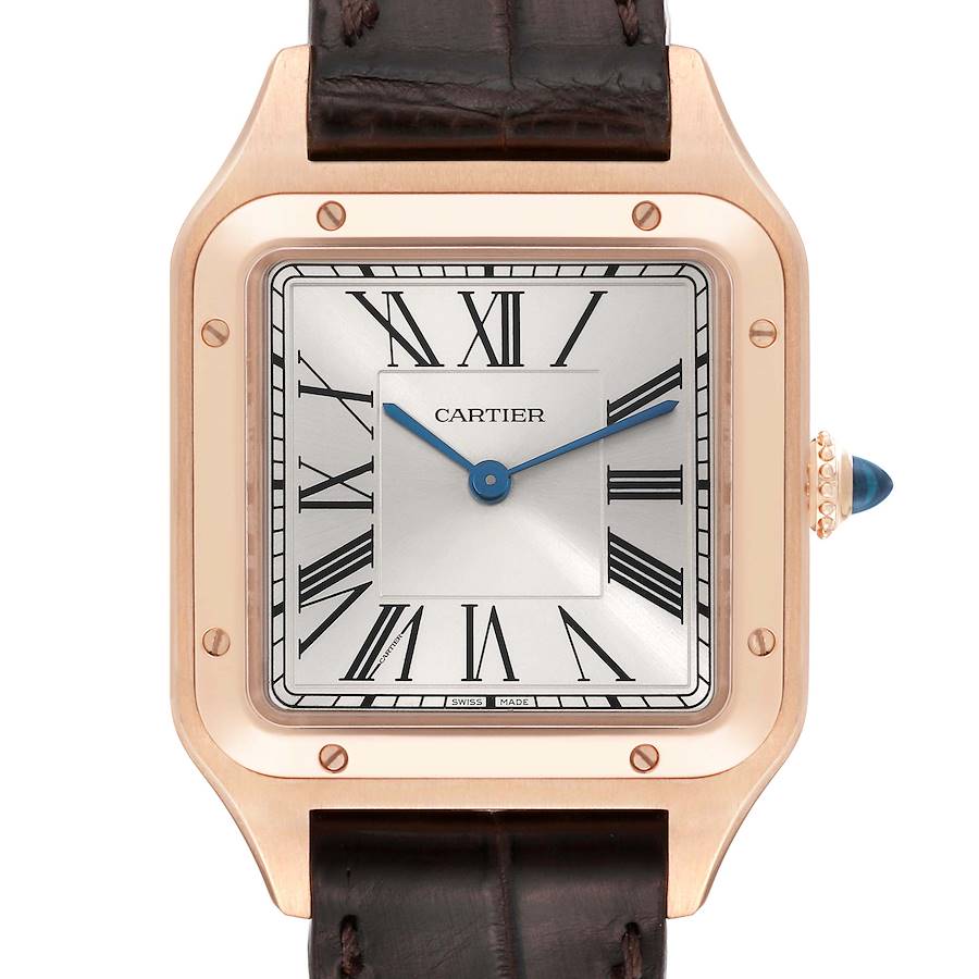 The Cartier Santos Dumont WGSA0021 Men's Rose Gold Silver Dial watch is shown from the front, highlighting the square face, Roman numeral dial, and blue hands.