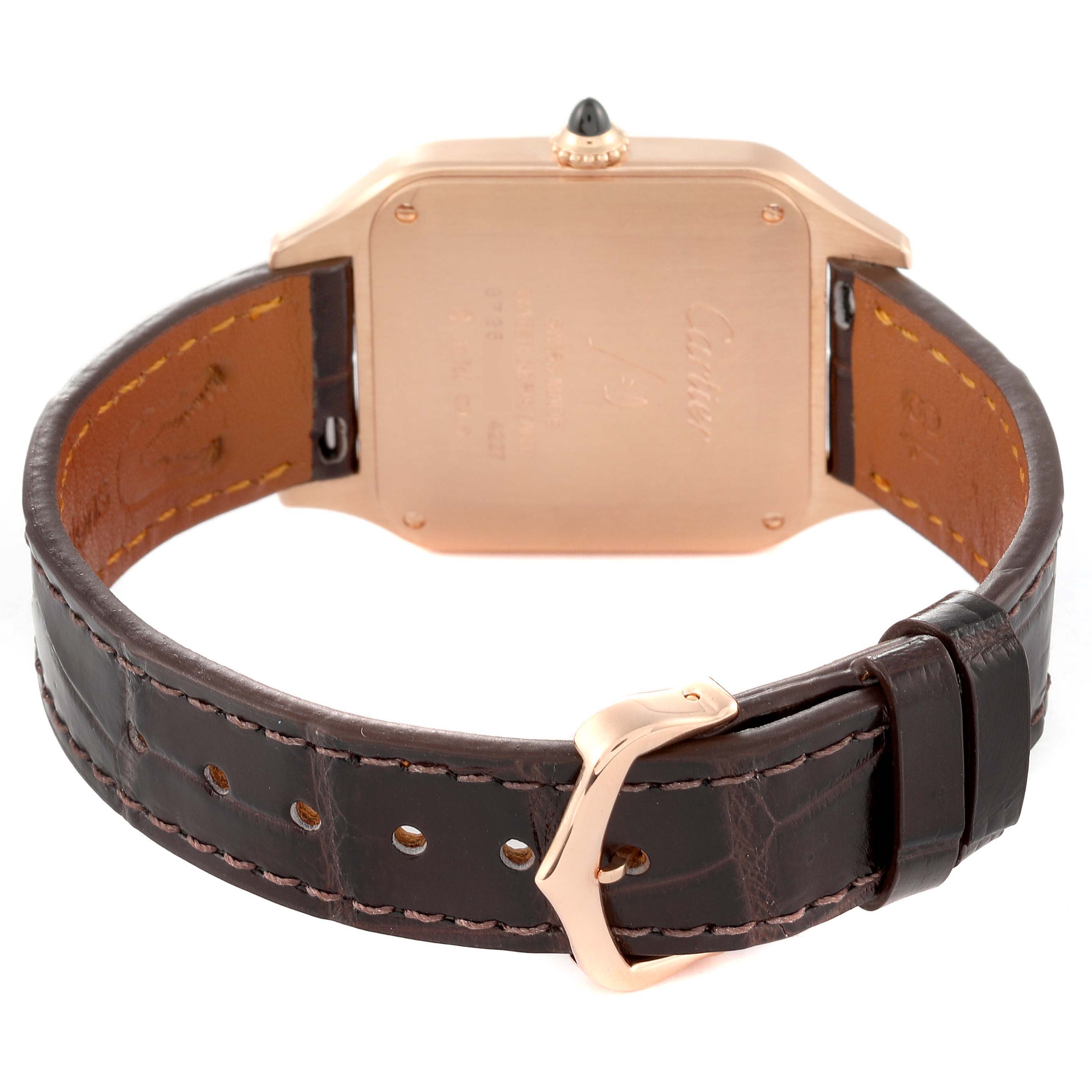 The image shows the back of the Cartier Santos Dumont WGSA0021 Men's Rose Gold Silver Dial WGSA0021 Men's Rose Gold Silver Dial watch with a brown leather strap and visible clasp.