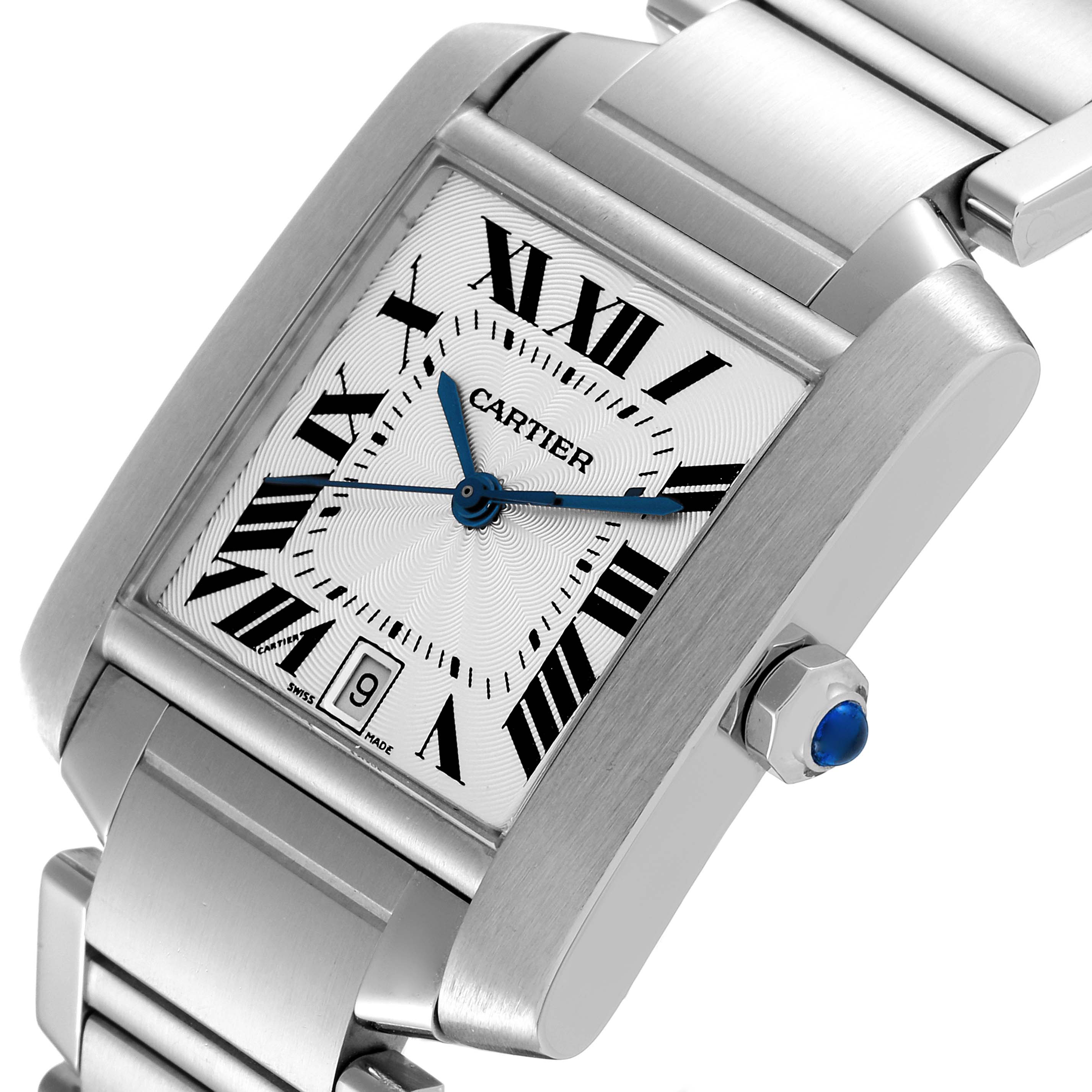 This image shows a close-up view of the Cartier Tank Francaise W51002Q3 Men's Stainless Steel Silver Dial W51002Q3 Men's Stainless Steel Silver Dial watch face and part of the bracelet at an angled perspective.