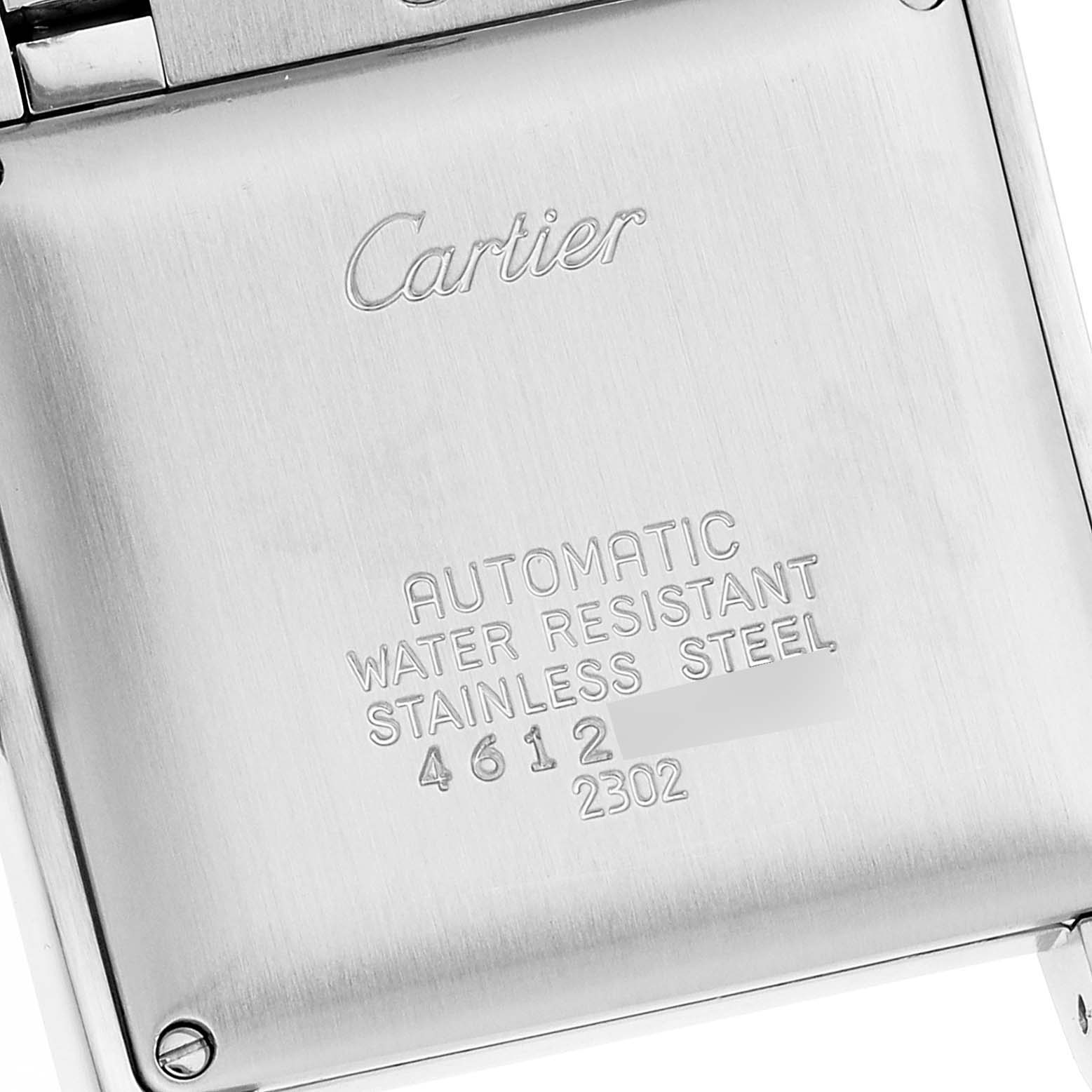 This image displays the back casing of a Cartier Tank Francaise W51002Q3 Men's Stainless Steel Silver Dial W51002Q3 Men's Stainless Steel Silver Dial watch, emphasizing the engraved details and specifications.