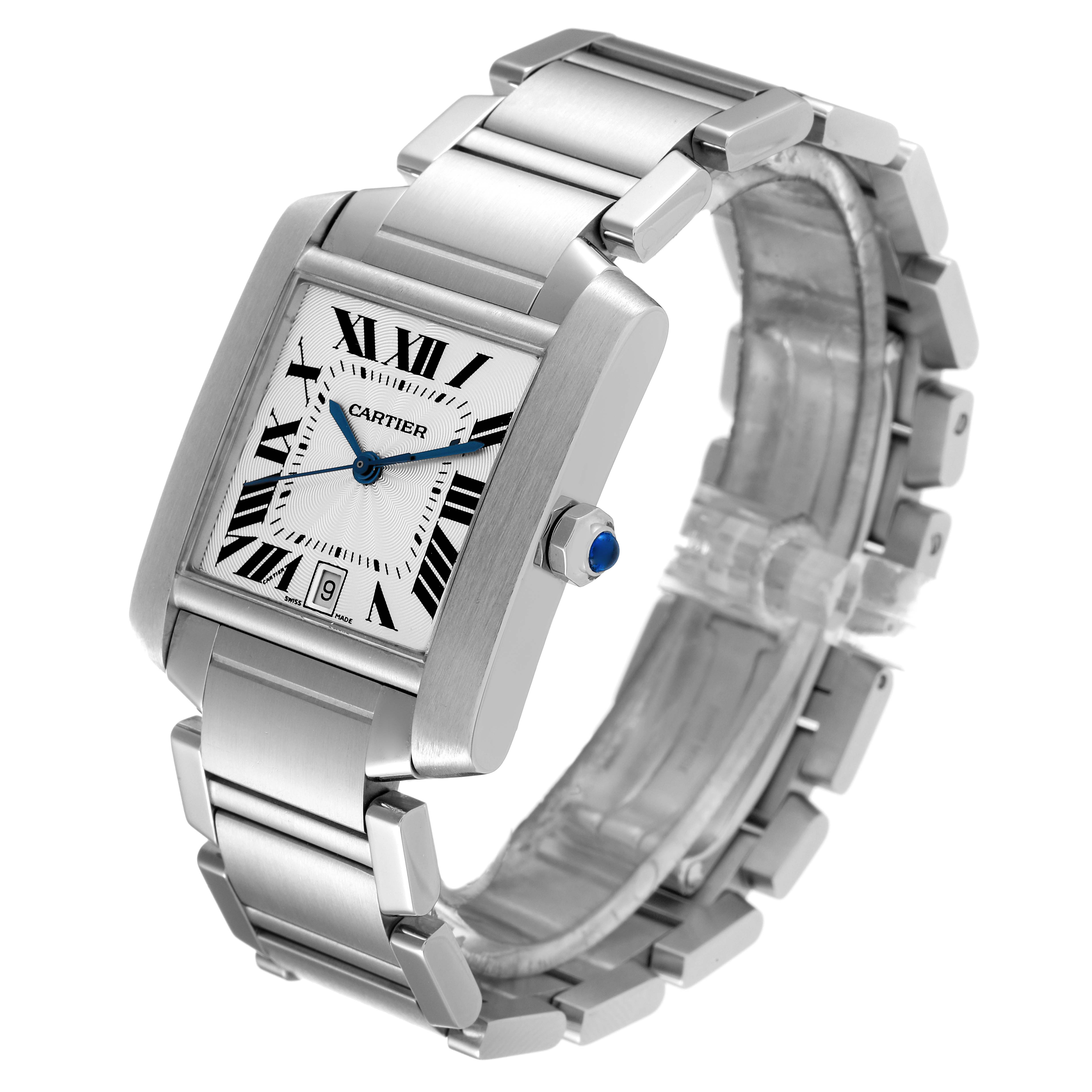 The image shows a Cartier Tank Francaise W51002Q3 Men's Stainless Steel Silver Dial W51002Q3 Men's Stainless Steel Silver Dial watch at a three-quarter angle, highlighting the face, crown, and bracelet.