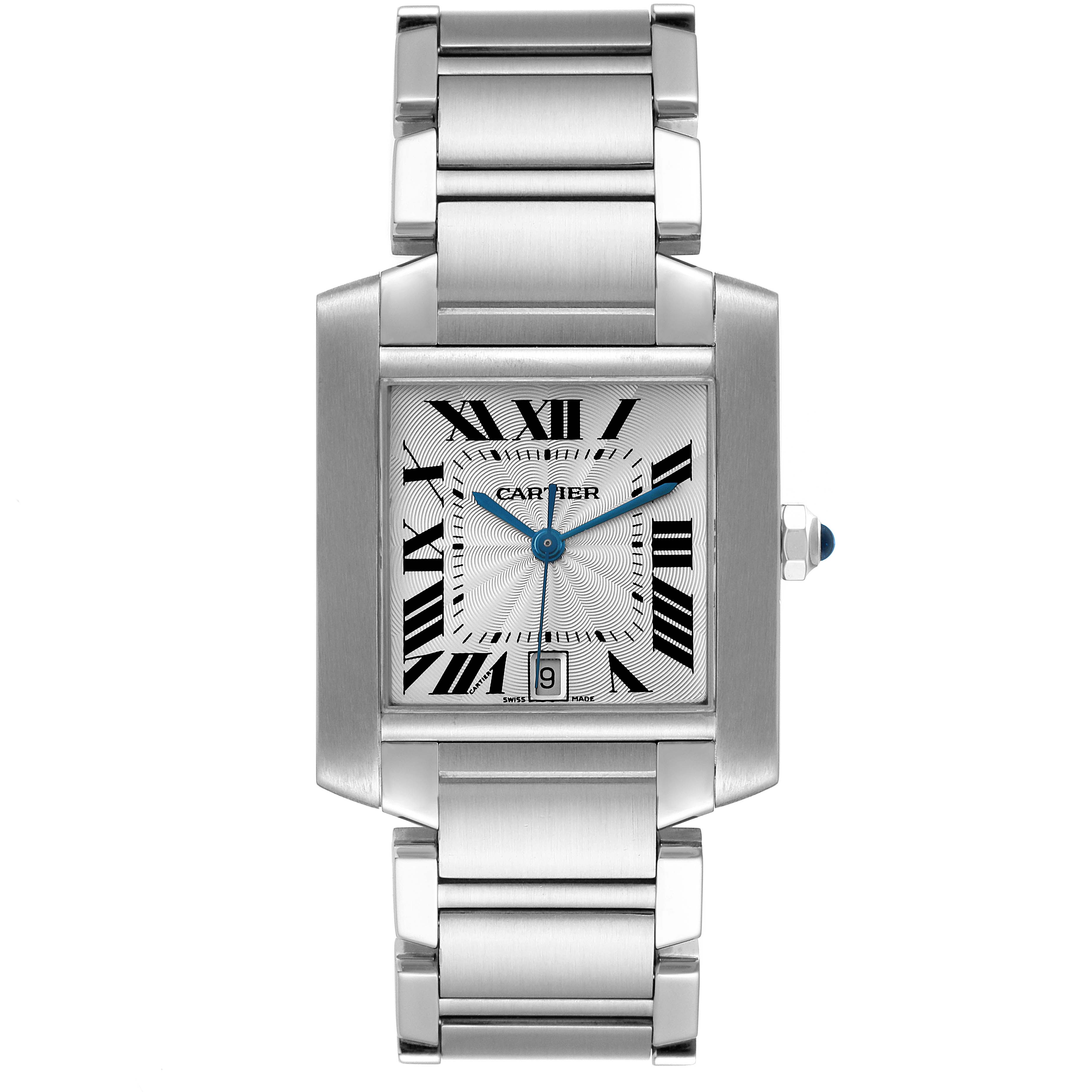The image shows a Cartier Tank Francaise W51002Q3 Men's Stainless Steel Silver Dial W51002Q3 Men's Stainless Steel Silver Dial watch from a top-down view, highlighting its face, bracelet, and clasp.
