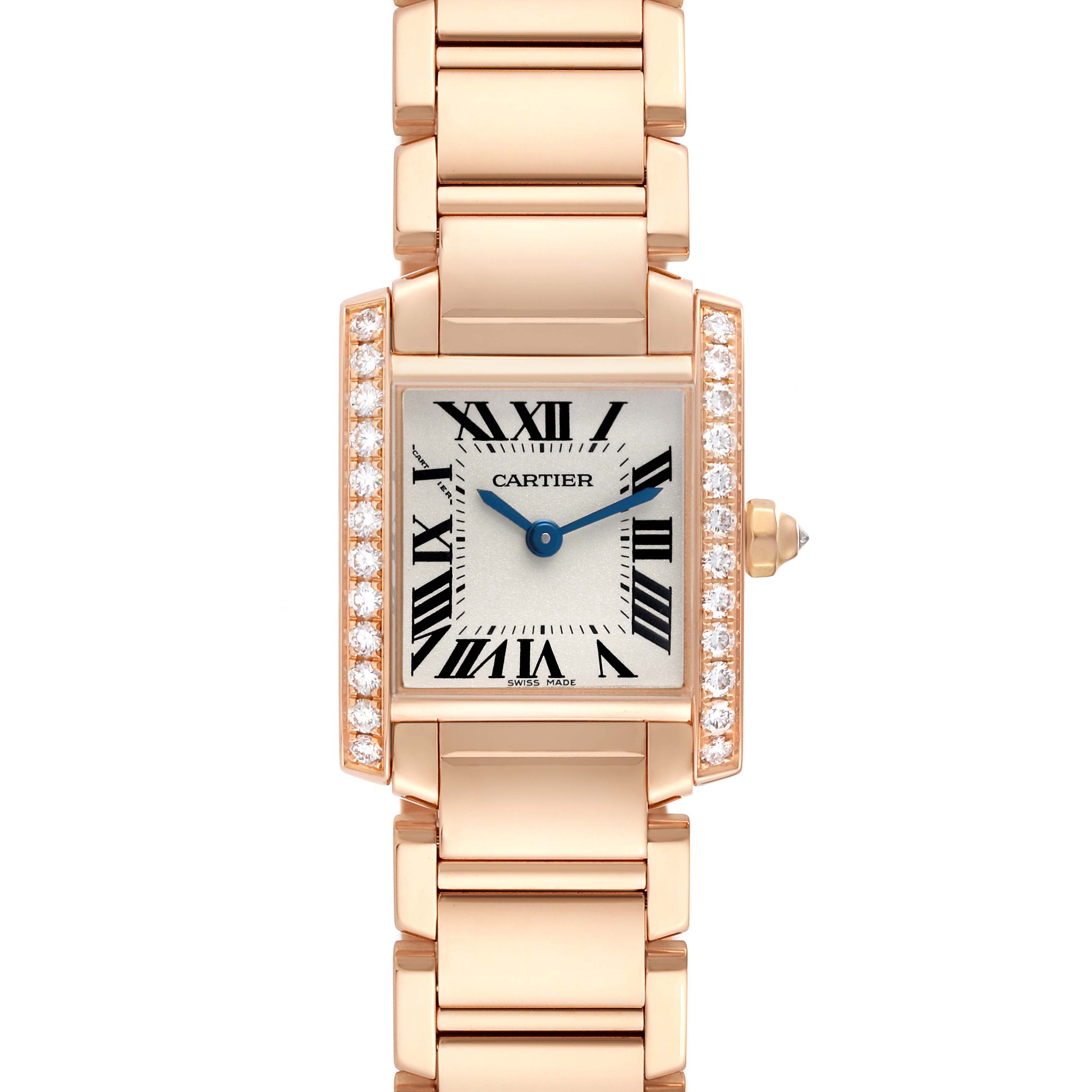 The Cartier Tank Française watch is shown from the front, highlighting its rectangular face, roman numerals, and diamond accents on the sides.
