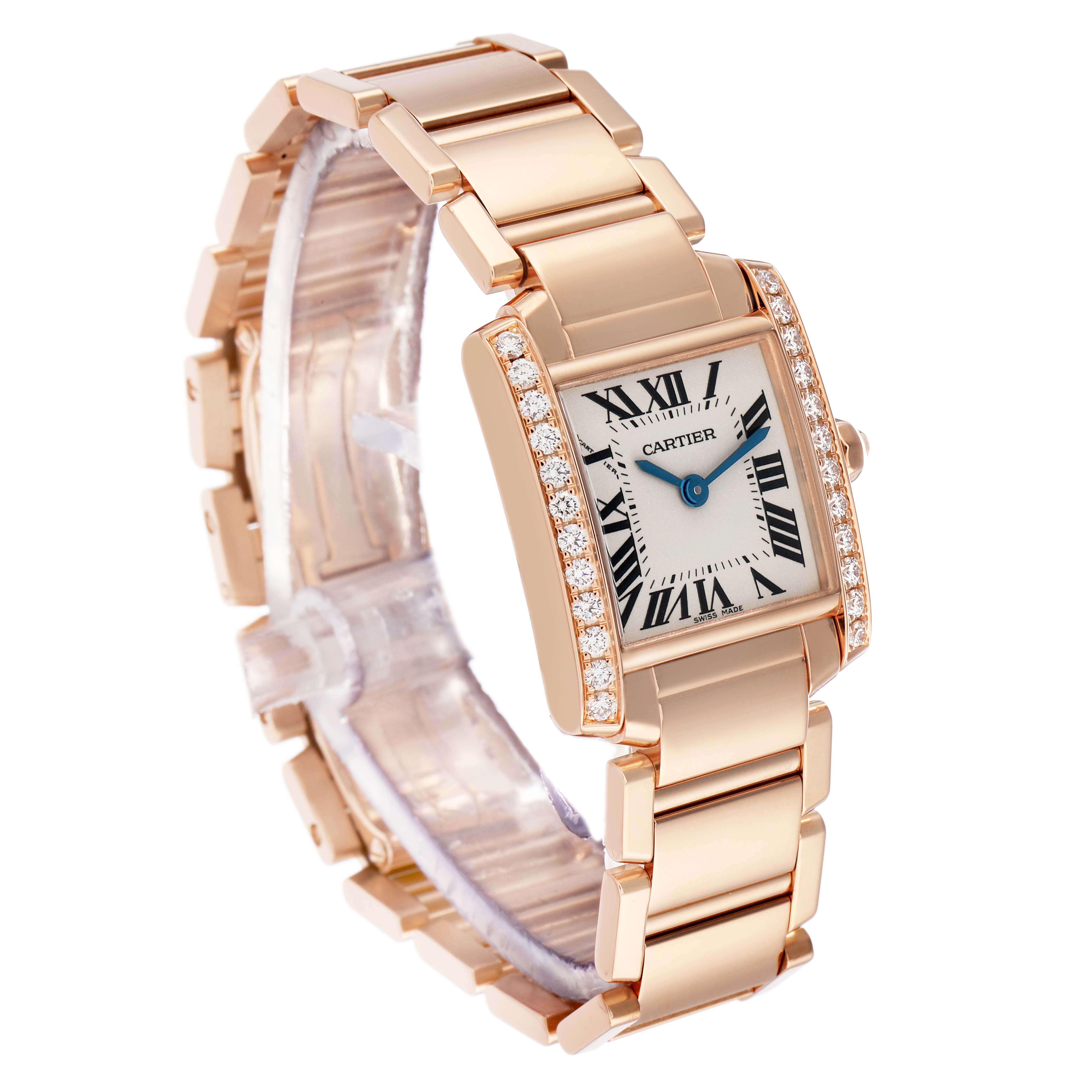 The Cartier Tank Française watch is shown at a three-quarter angle, displaying the face, bracelet, and diamond accents.
