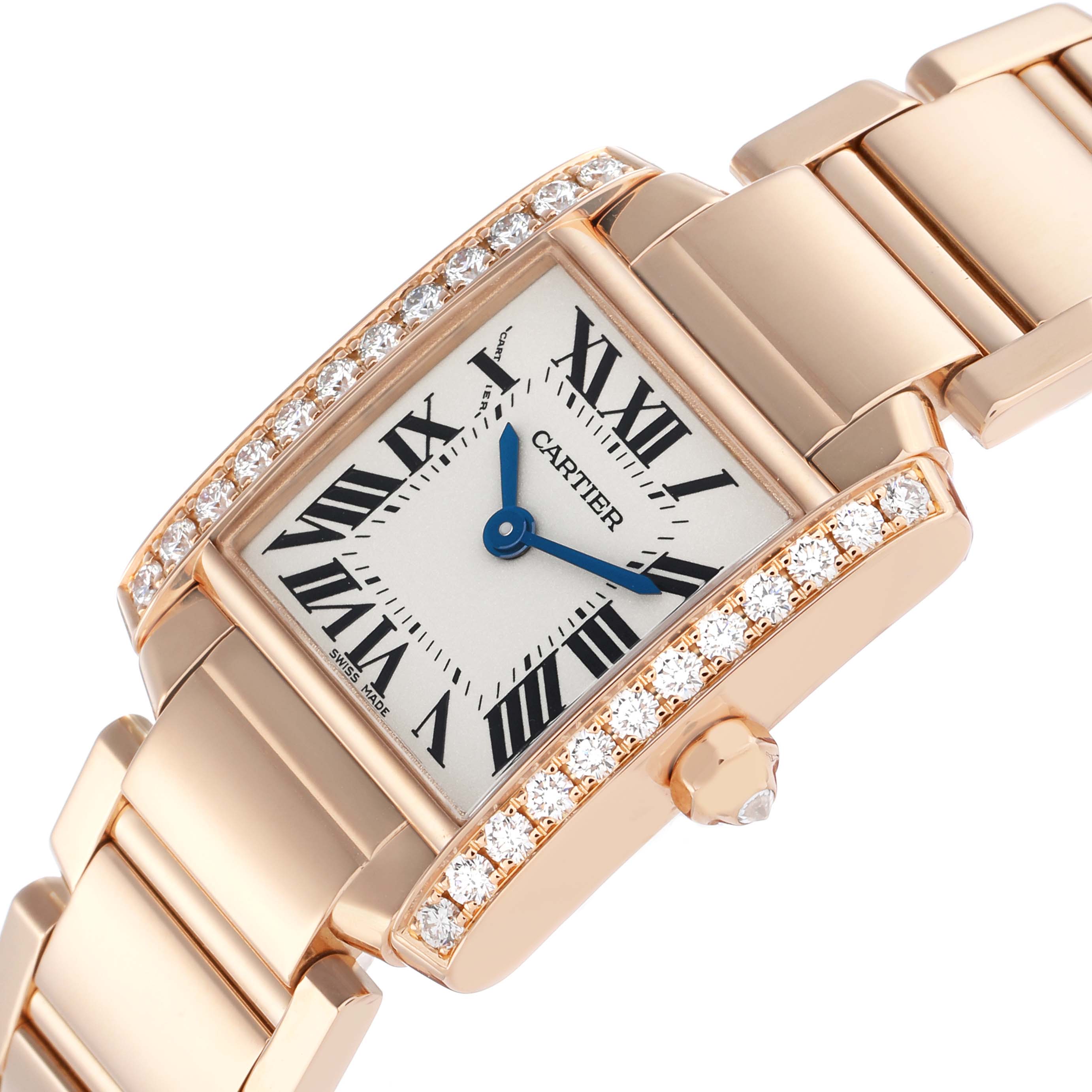 The Cartier Tank Française watch is shown at an angled close-up, highlighting the diamond-set case, dial, and part of the bracelet.