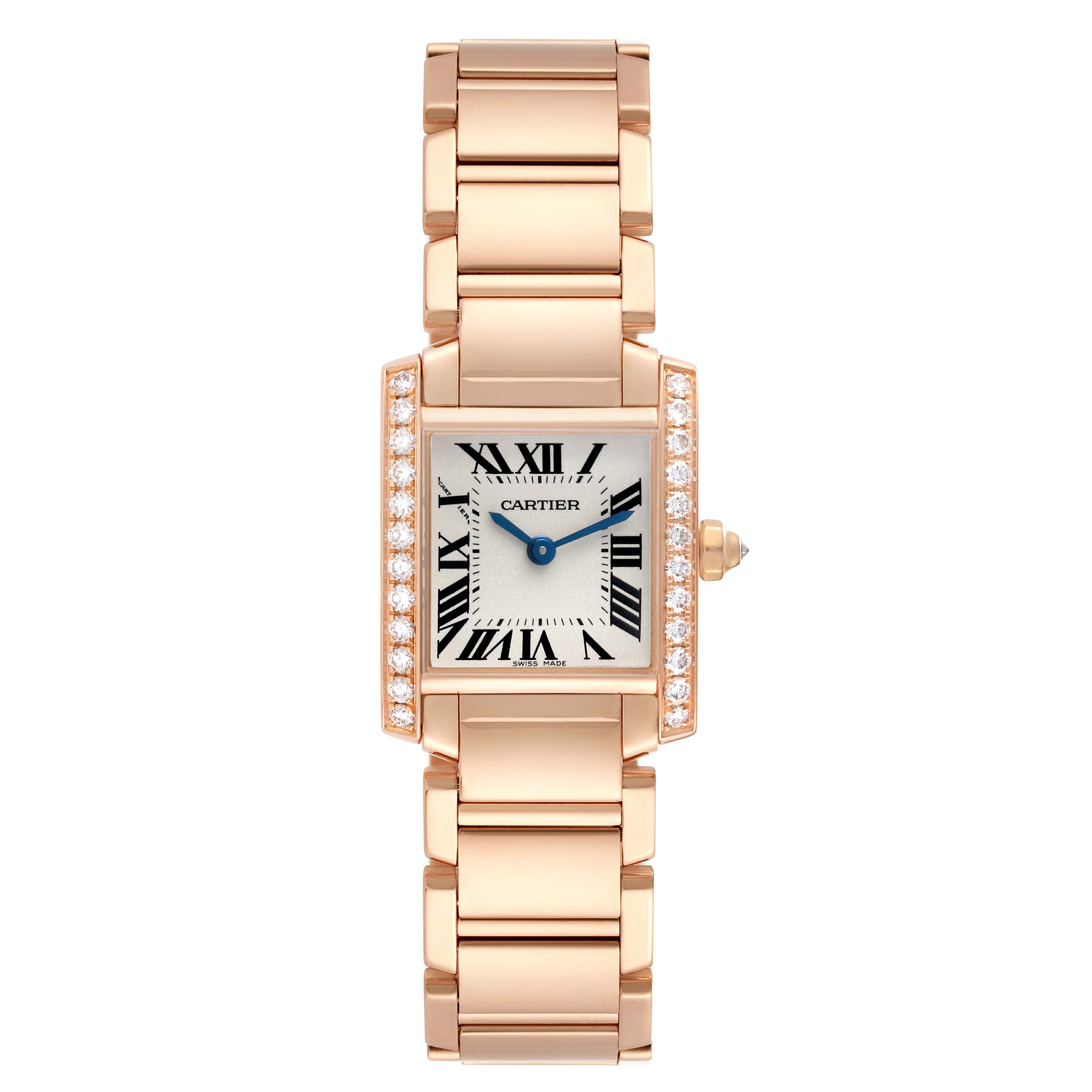 The Cartier Tank Francaise WJTA0022 Women's Rose Gold Silver Dial watch is shown from a top view, highlighting the face, bracelet, and diamond-set case.