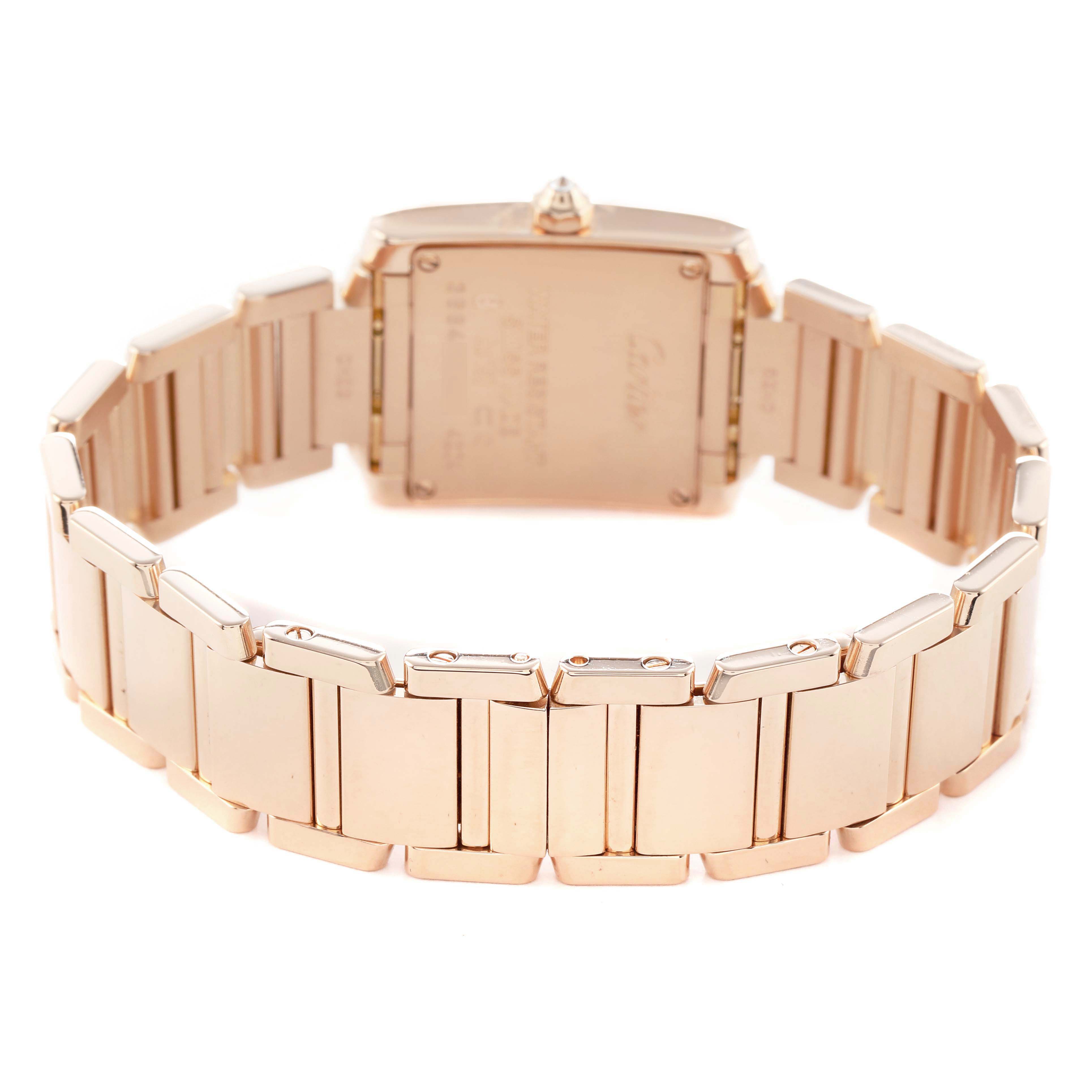 The image shows the back of the Cartier Tank Française watch, highlighting the bracelet and case back.