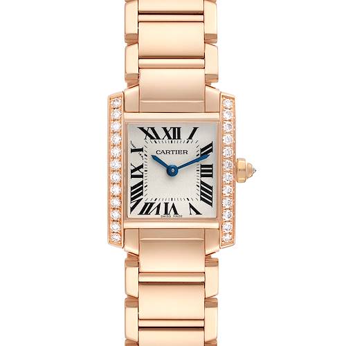 The Cartier Tank Francaise WJTA0022 Women's Rose Gold Silver Dial watch is shown from the front, displaying its rectangular face with Roman numerals and diamond accents.