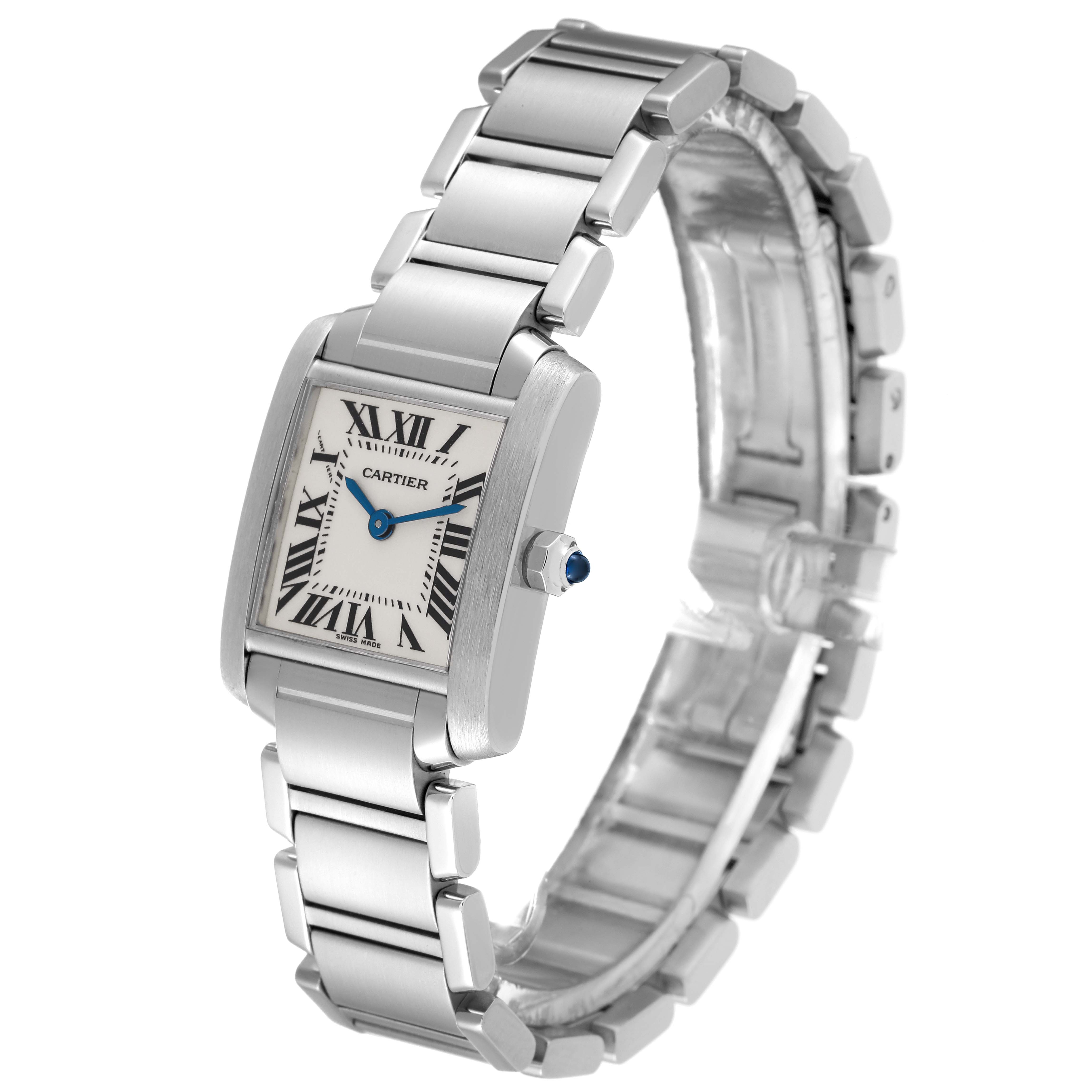 The Cartier Tank Française watch is shown at a three-quarter angle displaying the face and stainless steel bracelet.