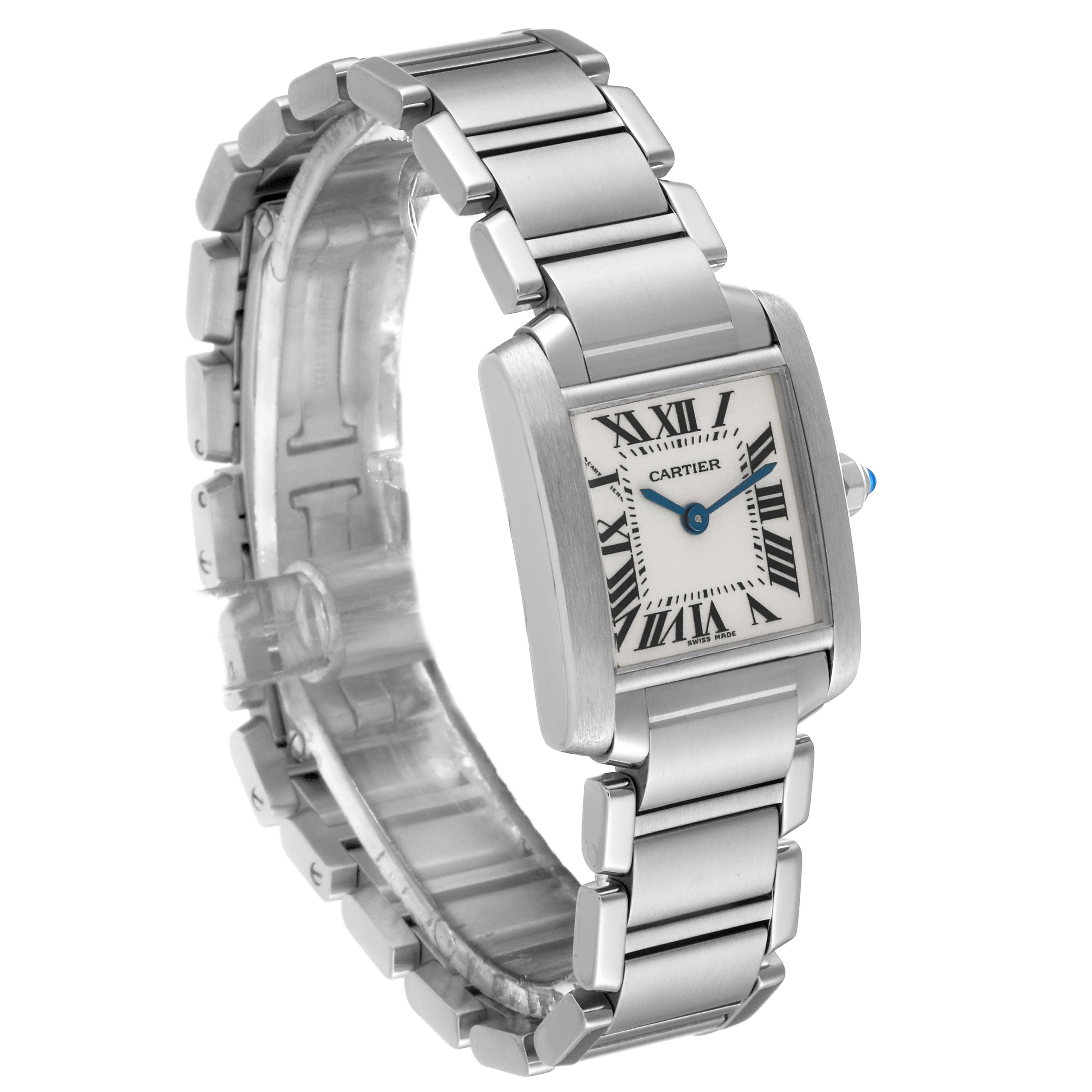 The image shows a Cartier Tank Française watch, angled to display its face, bezel, and metal bracelet.