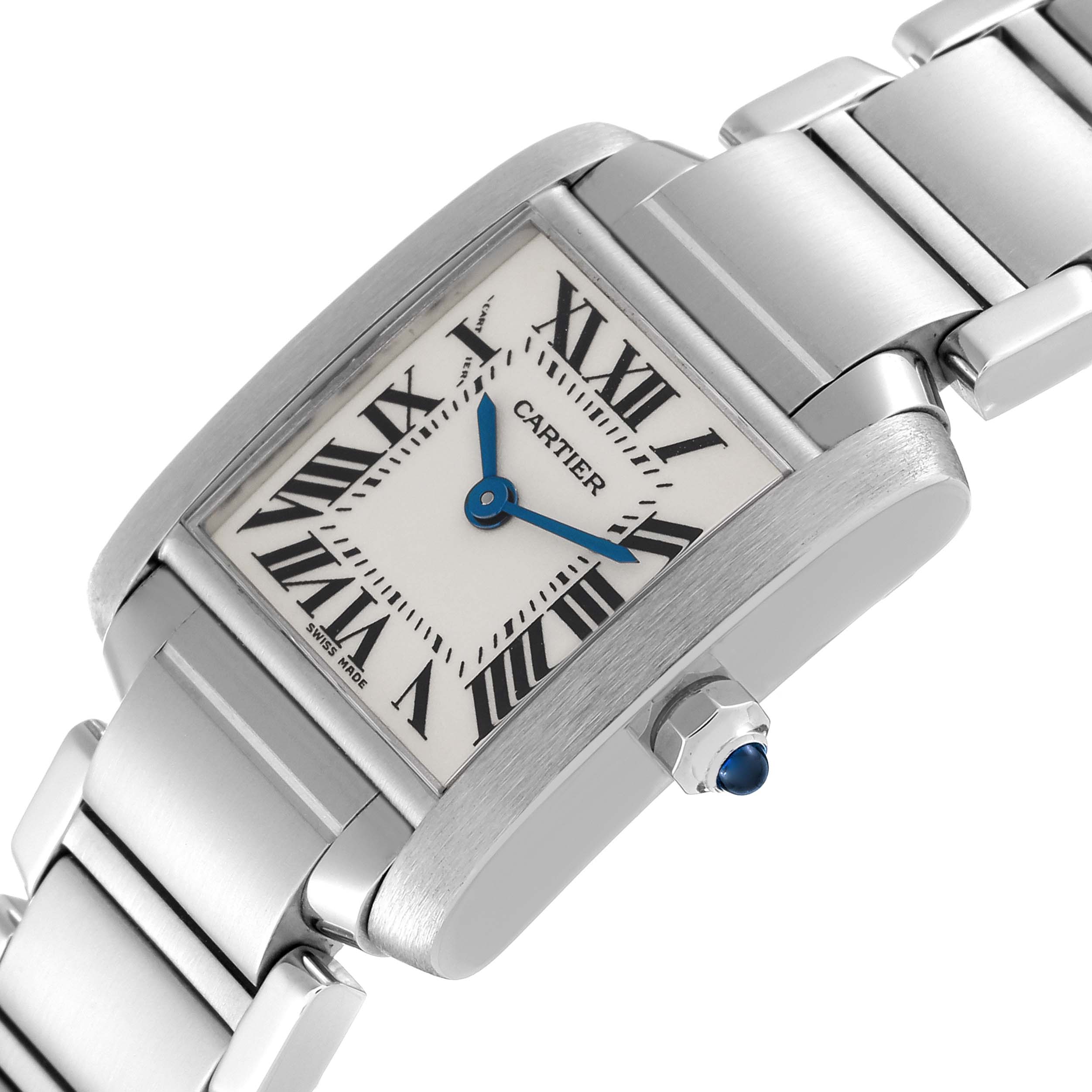 The photo shows a close-up angle of a Cartier Tank Francaise W51008Q3 Women
s Stainless Steel Silver Dial W51008Q3 Women
s Stainless Steel Silver Dial watch, highlighting the dial, case, and a portion of the bracelet.