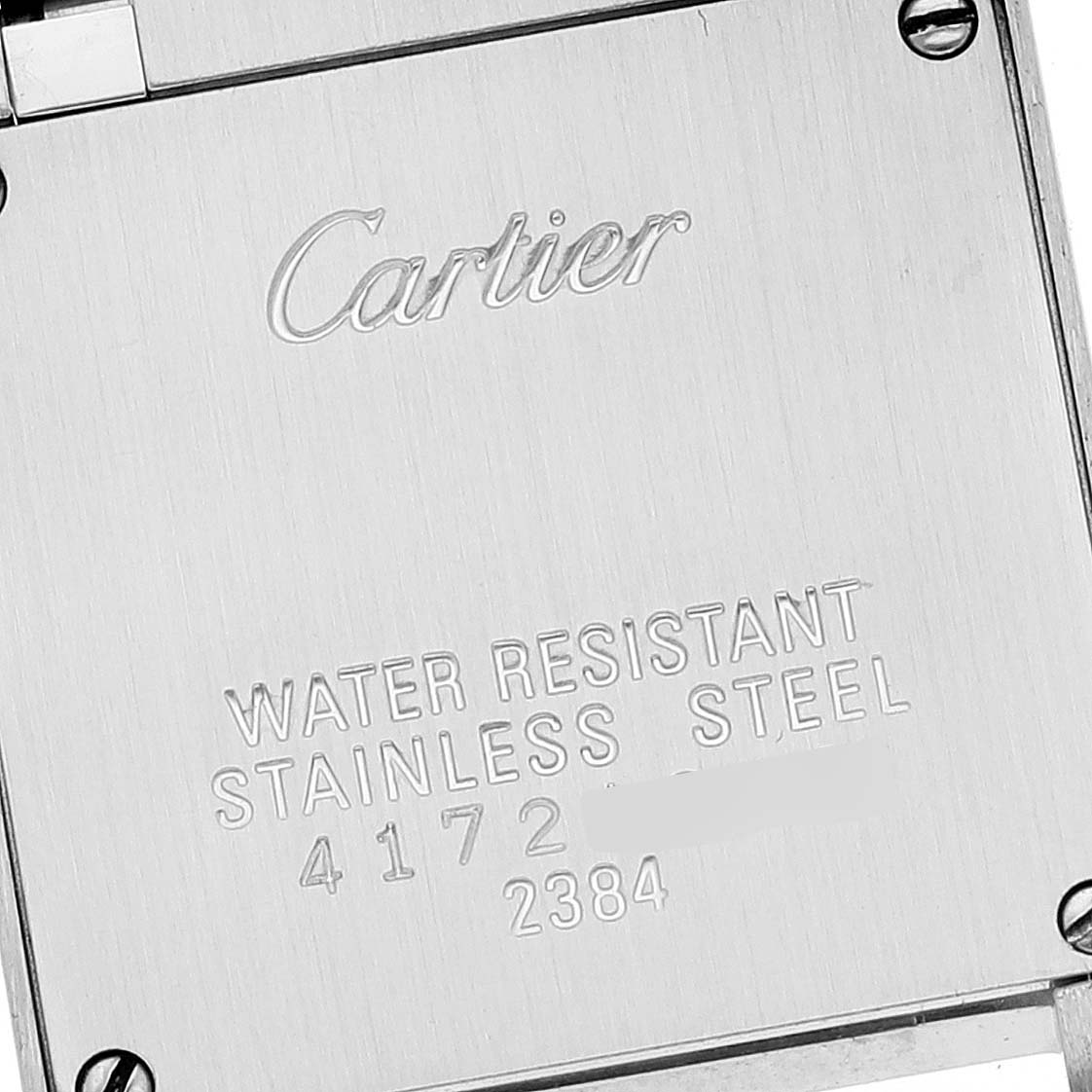 The image shows the back case of the Cartier Tank Francaise W51008Q3 Women
s Stainless Steel Silver Dial W51008Q3 Women
s Stainless Steel Silver Dial watch, highlighting its water resistance and stainless steel construction.