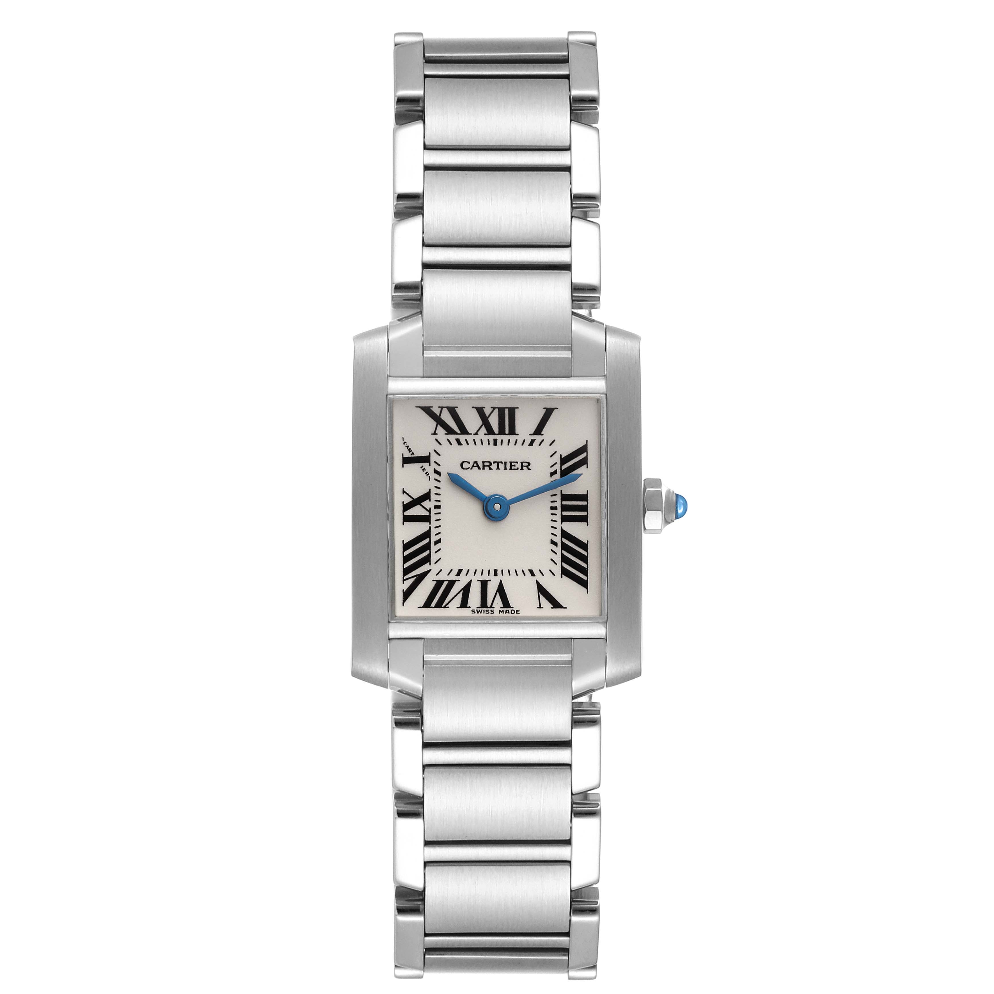 This image shows a front view of a Cartier Tank Francaise W51008Q3 Women
s Stainless Steel Silver Dial W51008Q3 Women
s Stainless Steel Silver Dial watch, displaying its face, bracelet, and crown.