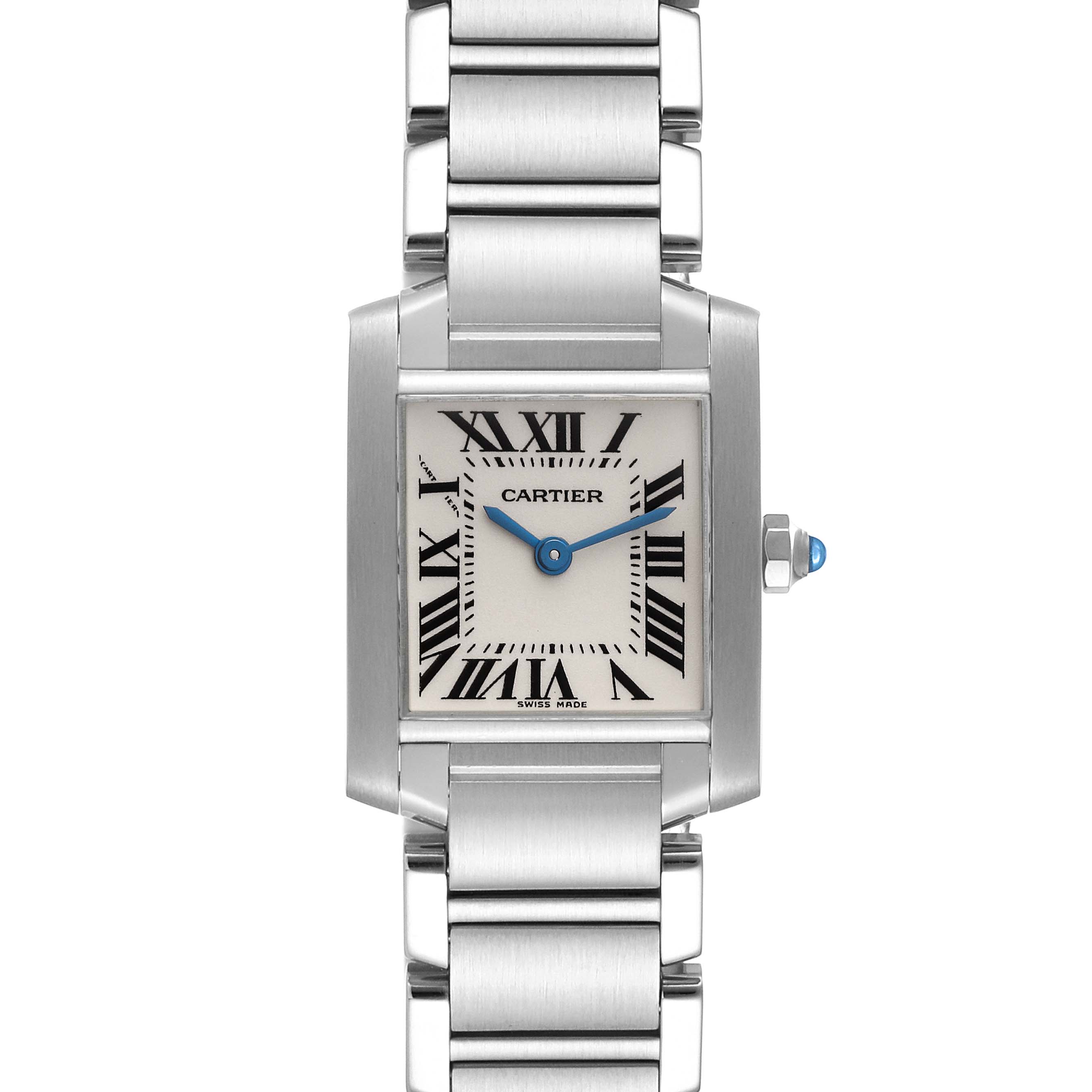 The image shows a front view of the Cartier Tank Française watch, displaying its bracelet, dial, and crown with a blue gemstone.